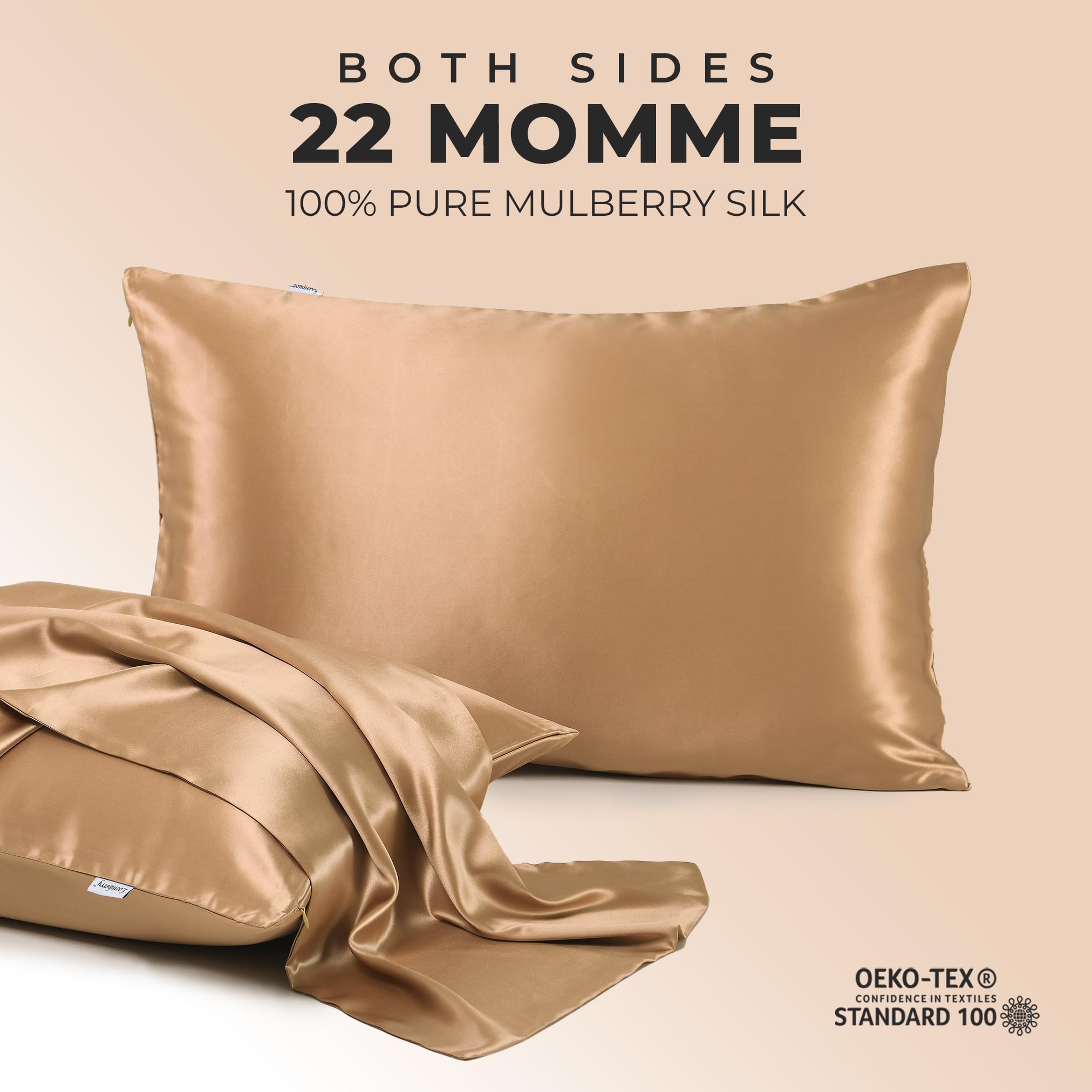 100% naturalna poszewka na poduszkę z czystego jedwabiu morwowego 22 Momme do włosów i skóry (1 sztuka), obustronna, 22 Momme, najwyższa klasa 6A, z ukrytym zamkiem błyskawicznym, naturalnie