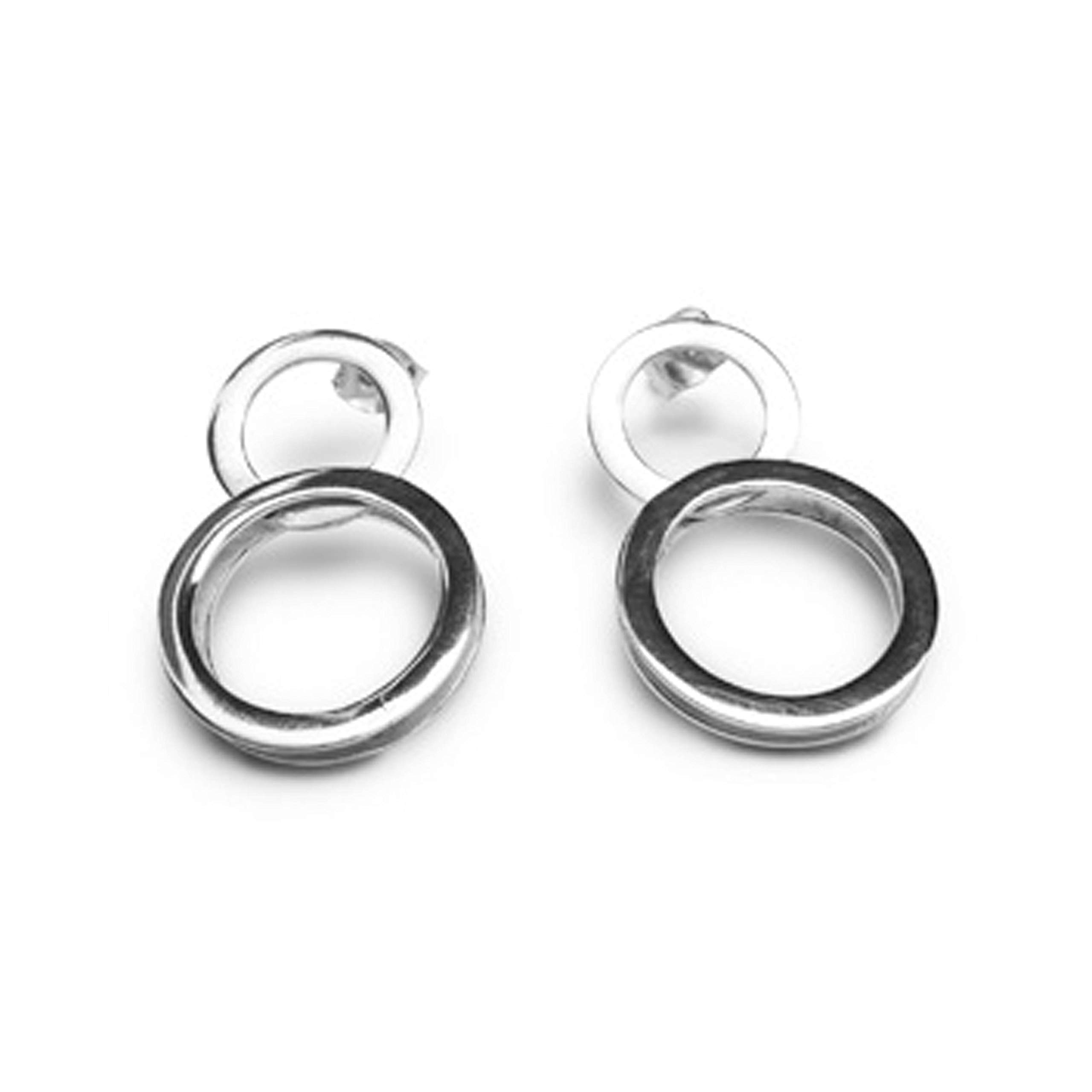 Claudia Lira JoyasDouble Open Circle Link Stud Post Earrings, Sterling Silver 925 Polished Finish, Minimalist Smooth Geometric Design, 3cm long, Handmade, Silver/Sterling-Silver