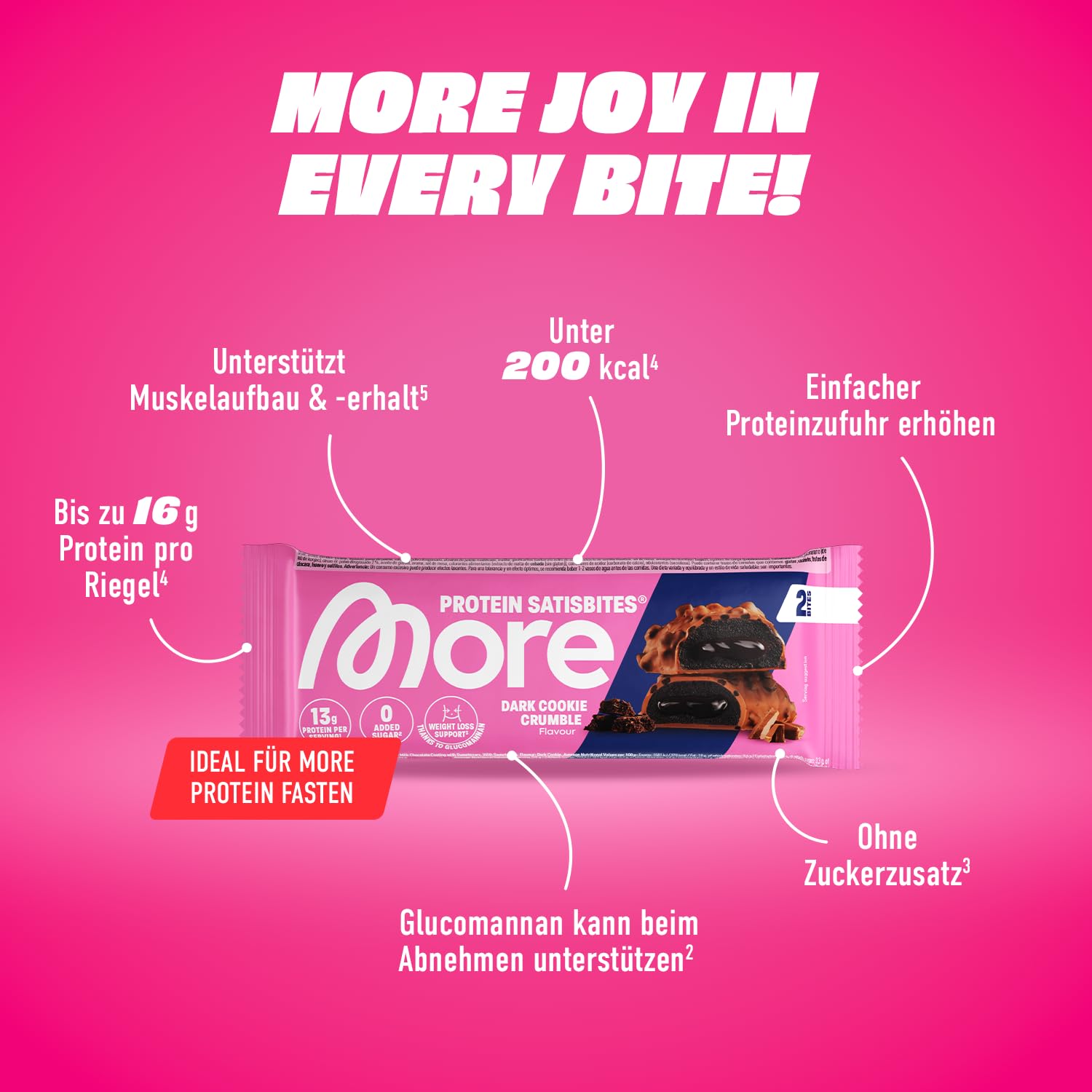 MORE Protein Satisbites, 12er Box Proteinriegel, Dark Cookie Crumble | 12 x 2 x 25 g, bis zu 16 g Protein pro Portion, ohne Zuckerzusatz, made in Germany (Design kann variieren)