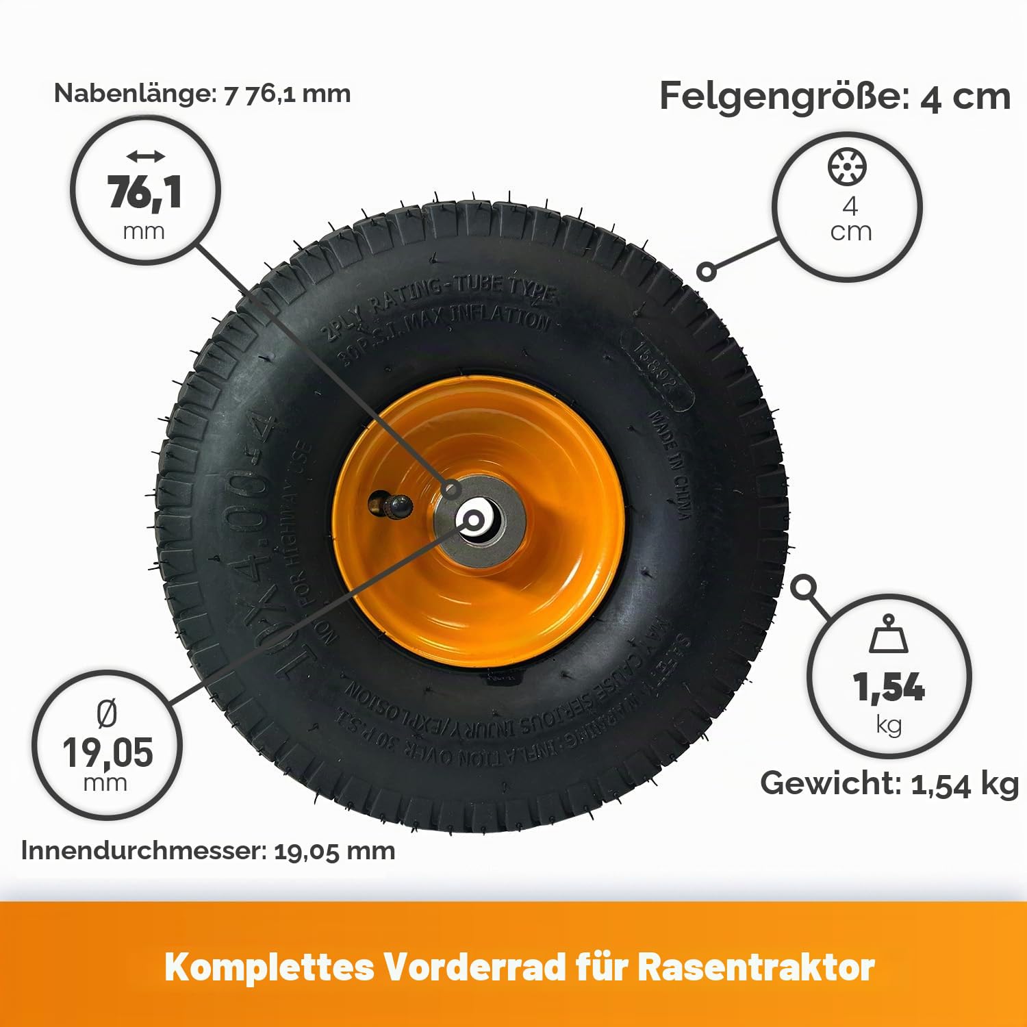GREENSTAR - Komplettrad - Passend für MC Culloch Mowcart 66 Rider - Radgröße 400x10-4, silber, grau oder schwarz
