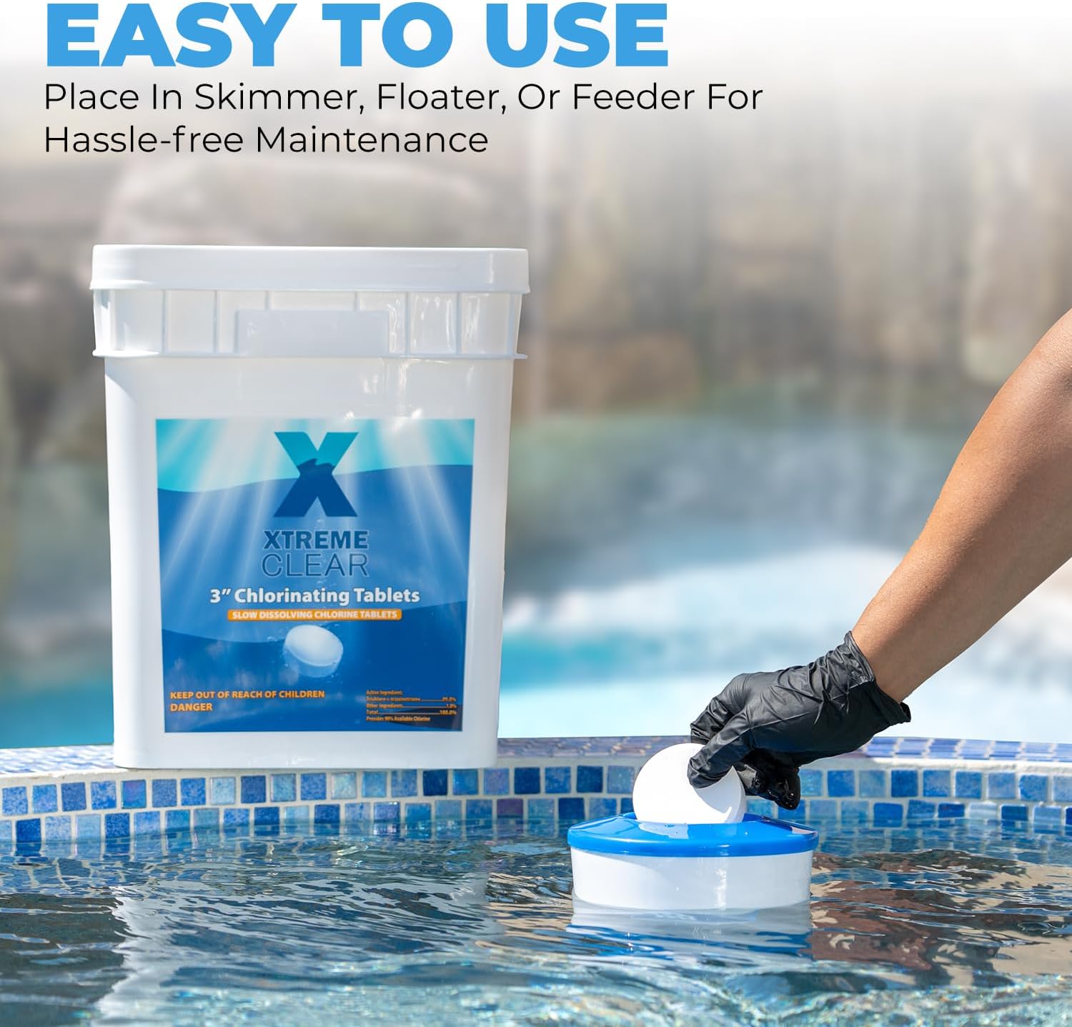 Xtremeclear 3" Swimming Pool Chlorine Tablets 99% Pure Tri-Chlor Pool Sanitizer 45LBS Slow Dissolving Chlorinating Tabs for Swimming Pools, Hot Tubs, Spa
