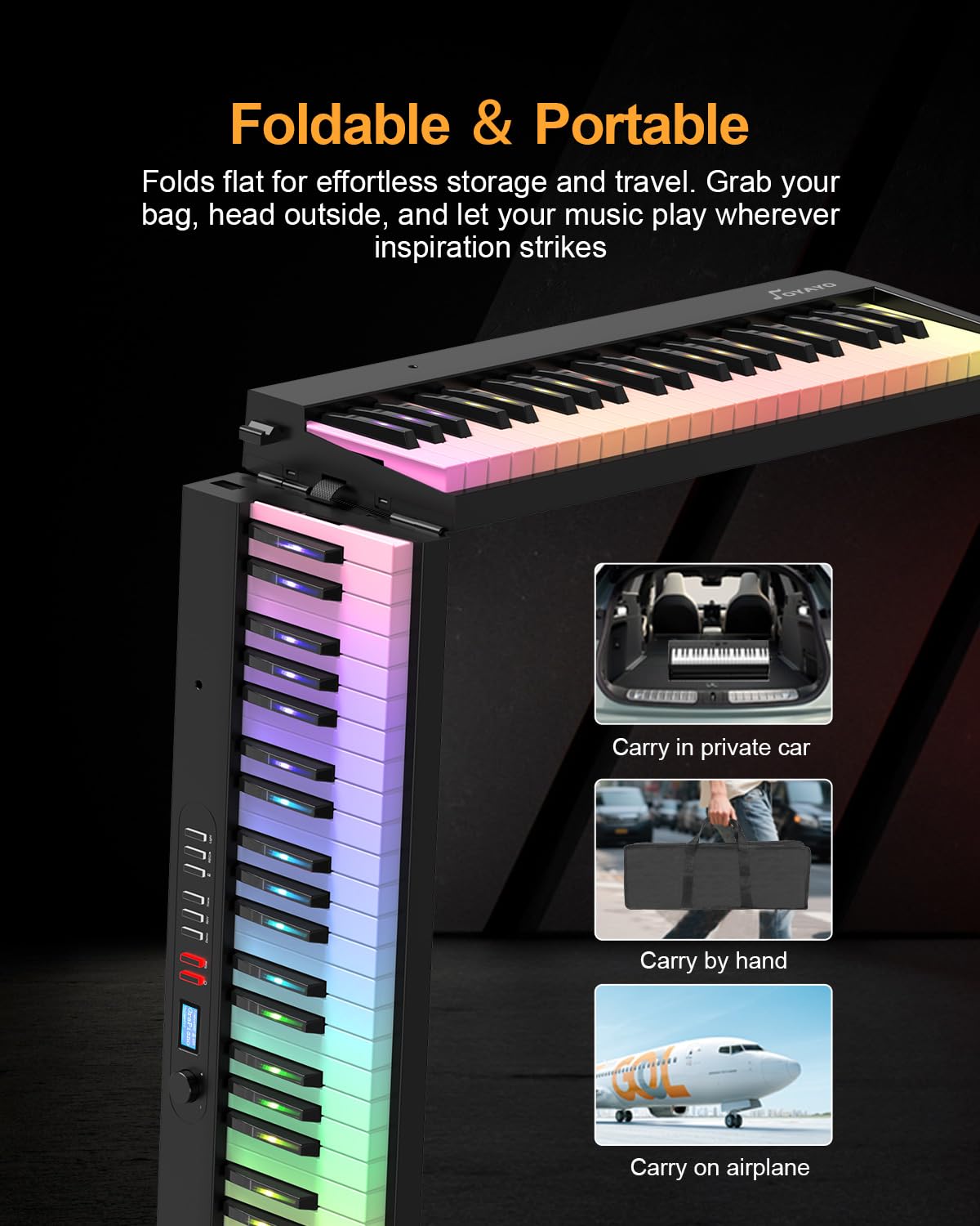 Pianoforte pieghevole a 88 tasti con tasti luminosi, FP88CL Full Size tastiera semi-ponderata per principianti, pianoforte elettrico portatile con USB-MIDI, pedale sustain, borsa per il