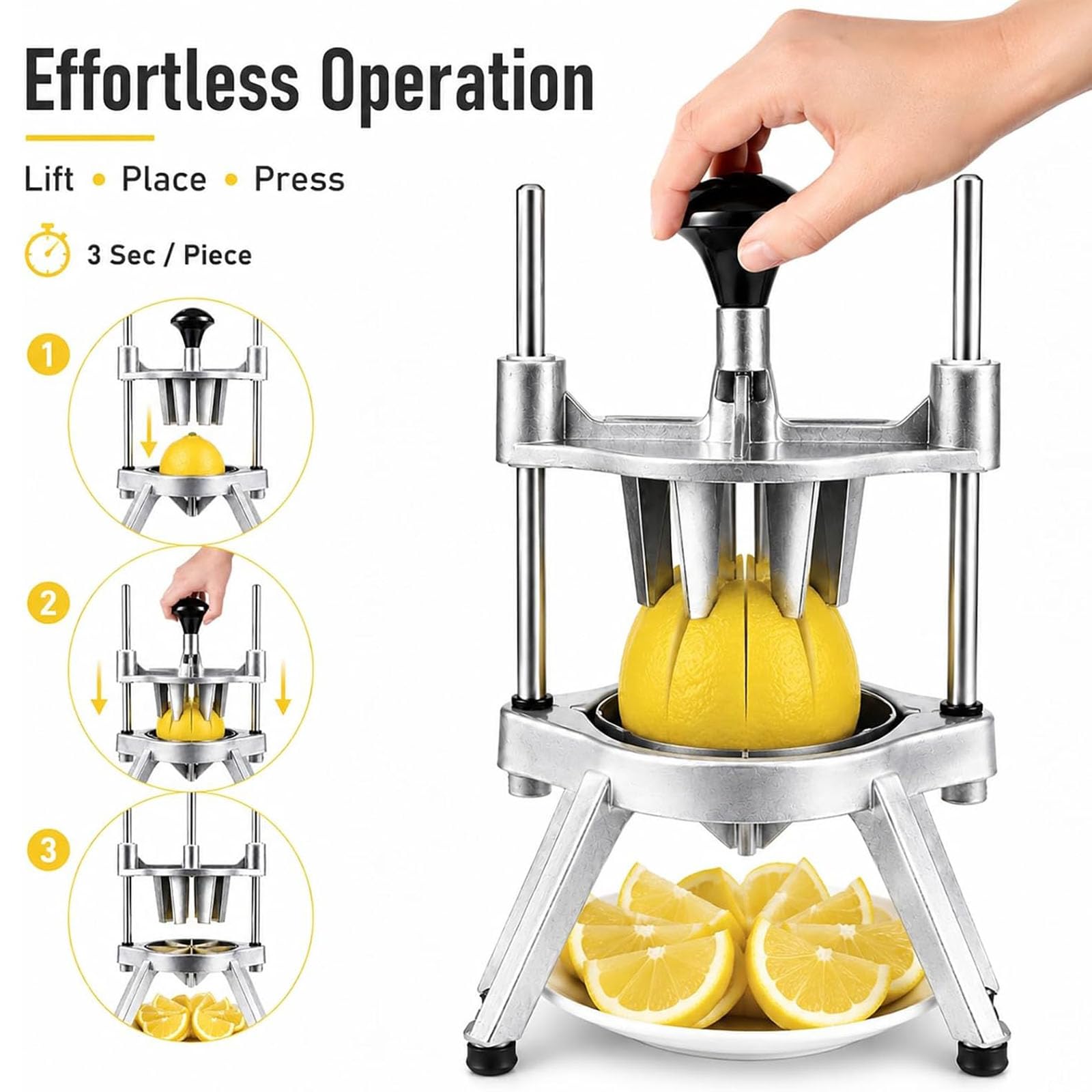 Cortador de limón de acero inoxidable, máquina cortadora de verduras resistente, en forma de V para frutas, corta de 4 a 12 secciones, perfecto para limones y naranjas
