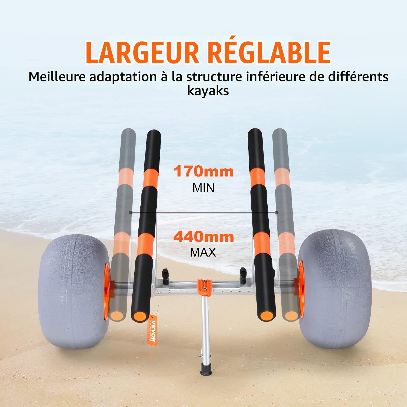 VEVOR Chariot de Kayak 160 kg Chariot de Transport Canoë Pliable avec 2 Roues 30,5 cm Largeur Ajustable et 1 Pied de Support Antidérapant pour Kayaks Canoës Planches à Pagaie Tapis Flottants Bateaux