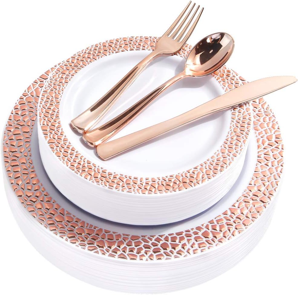 BUCLA 25 Guest Rose Gold Plastic Plates with Disposable Plastic Silverware, Hammered Design Plastic Tableware include 25 Dinner Plates,25 Salad Plates,25 Forks, 25 Knives, 25 Spoons
