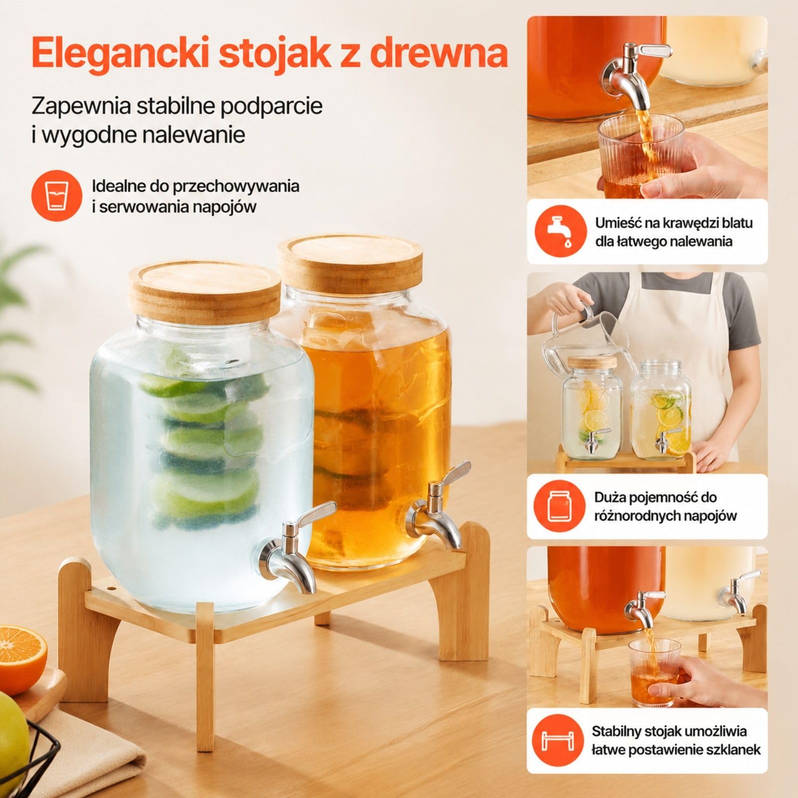 Szklany dystrybutor napojów 2 x 3,8 l, przezroczysty podwójny cylinder z kranem i drewnianą podstawką na przyjęcie, bar, restaurację, lemoniadę, herbatę mrożoną