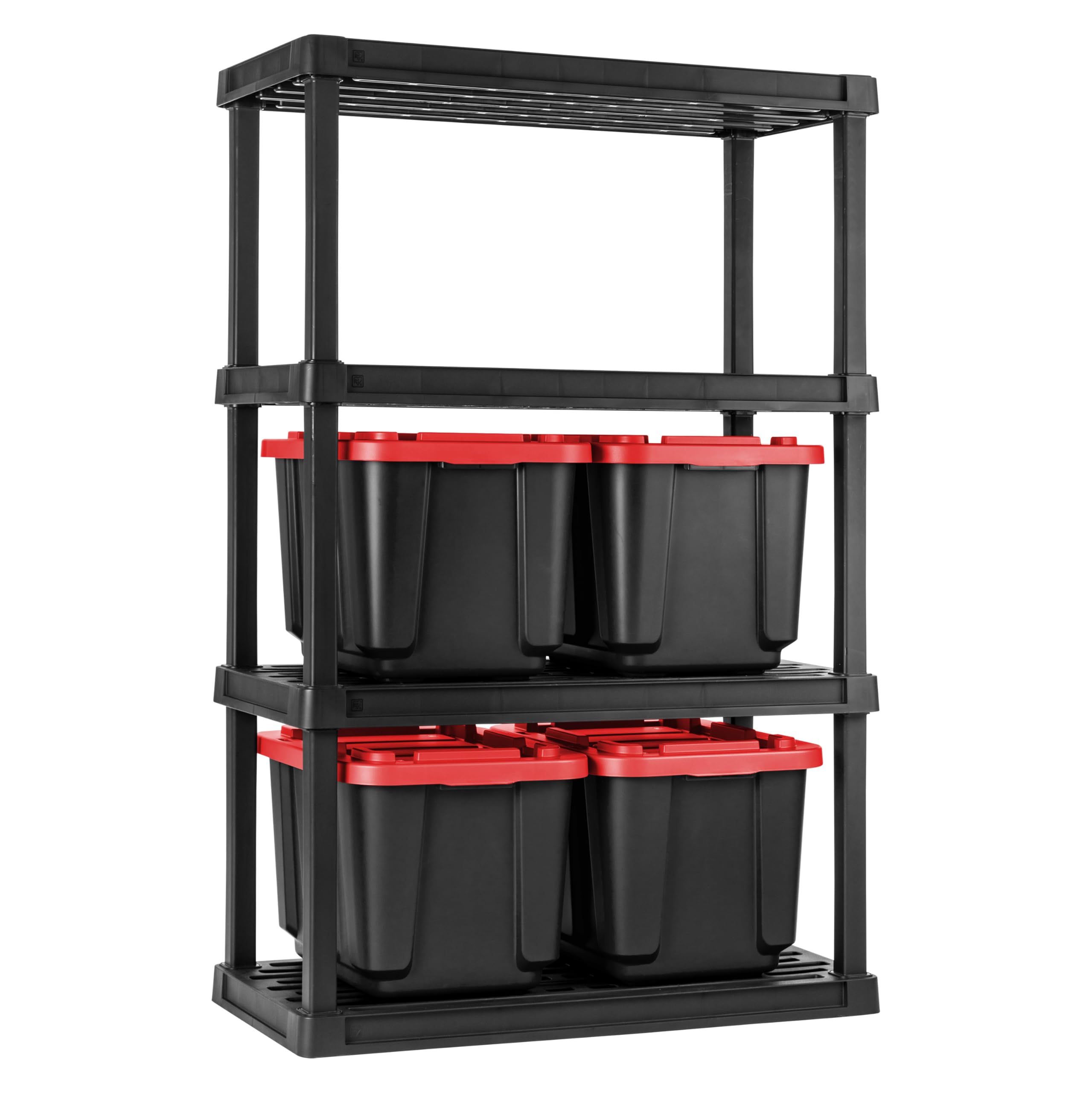 IRIS USA 4-Tier Heavy Duty Plastic Shelving Unit and Heavy Duty Storage Tote Bins, Modular Shelf Garage Rack Organizer + (4-Pack) 12 Gallon Storage Containers