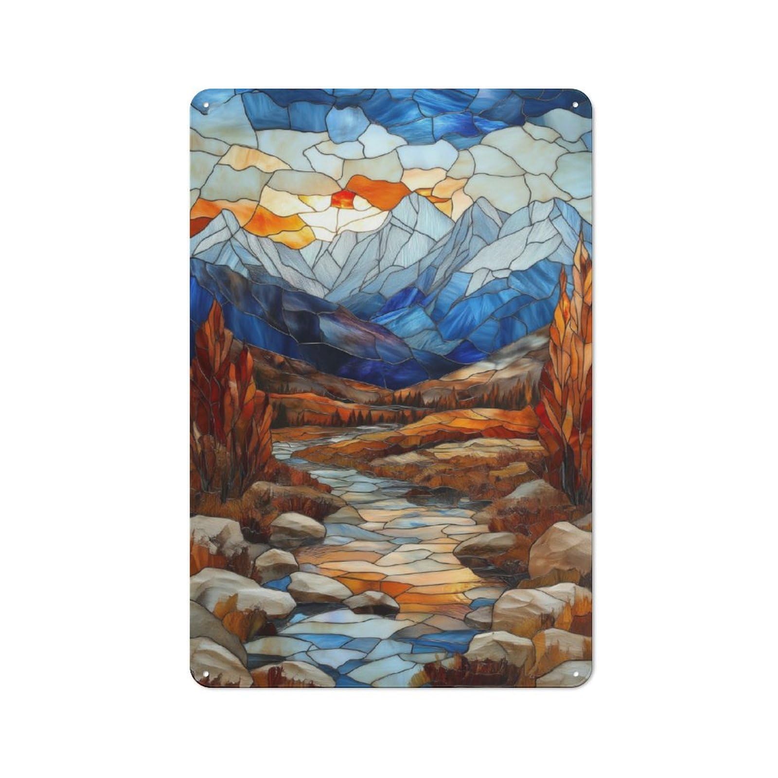 Junmoney Stained Glass Mountain Sunset Metal Plaque 30X20cm With For Pub Or Café, Rustic Decor, For Garage, Workshop And Man Cave Decoration