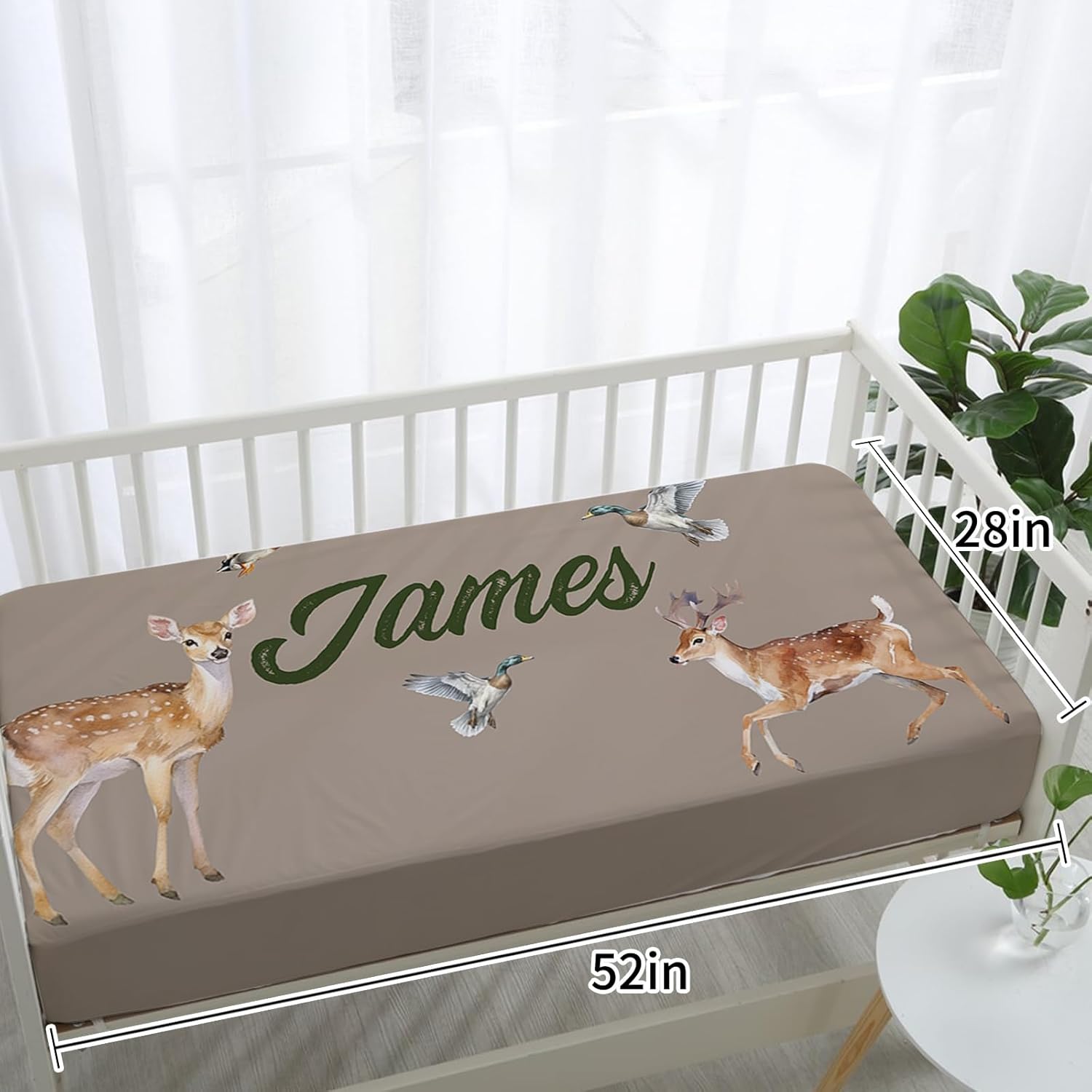 Custom Baby Crib Bedding Set - Green Deer Design Personalized Name Baby Nursery Bedding 3 Pcs Set - Chic Soft Blanket, Fitted Sheet, Room Rug for Newborns Boys Girls Gifts