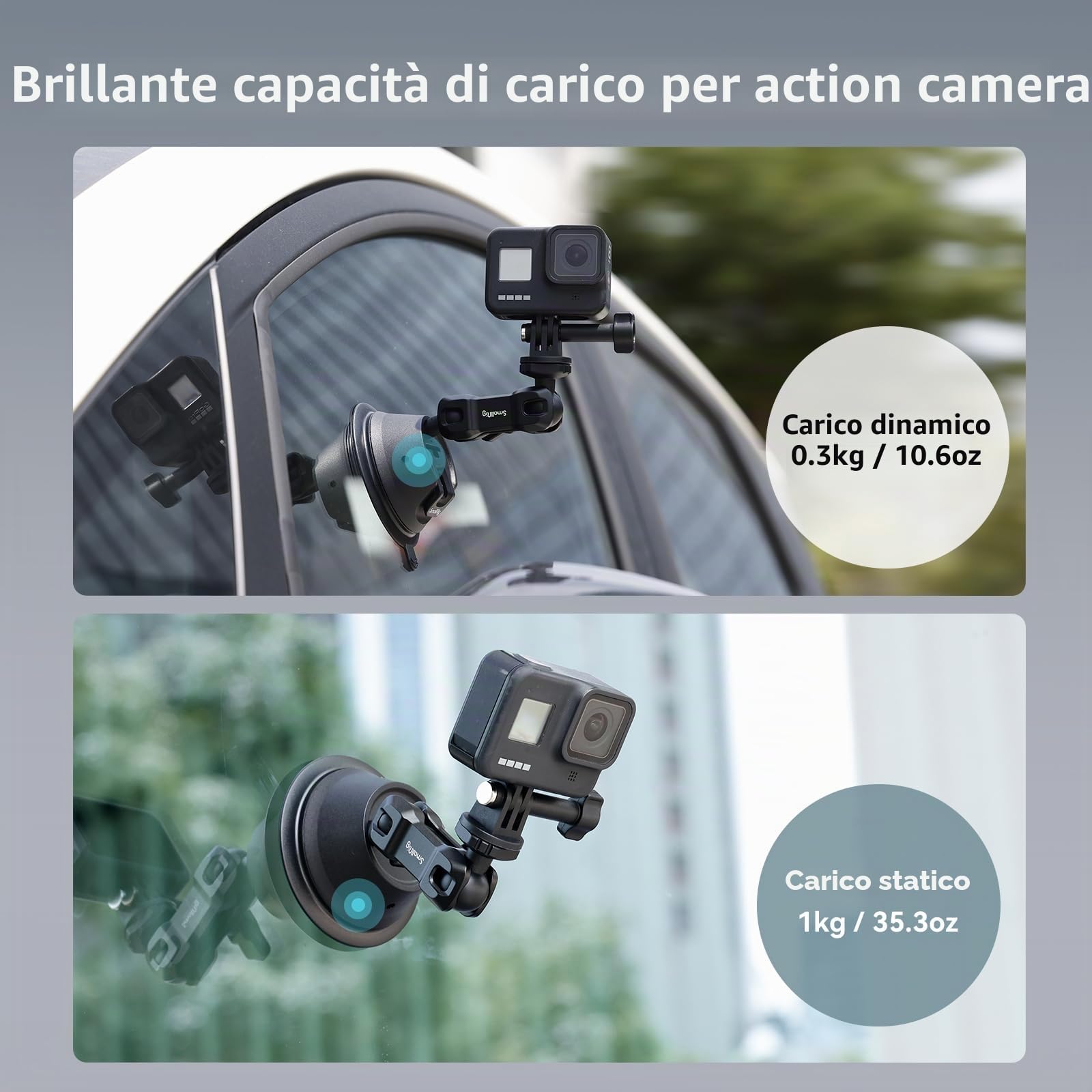 SMALLRIG Supporto a Ventosa a Doppio Strato per GoPro Hero 12/11/10/9, per DJI Osmo Action/Procket, per Insta360 X3, Supporto per Doppia Testa a Sfera Rotazione a 360° - 4193