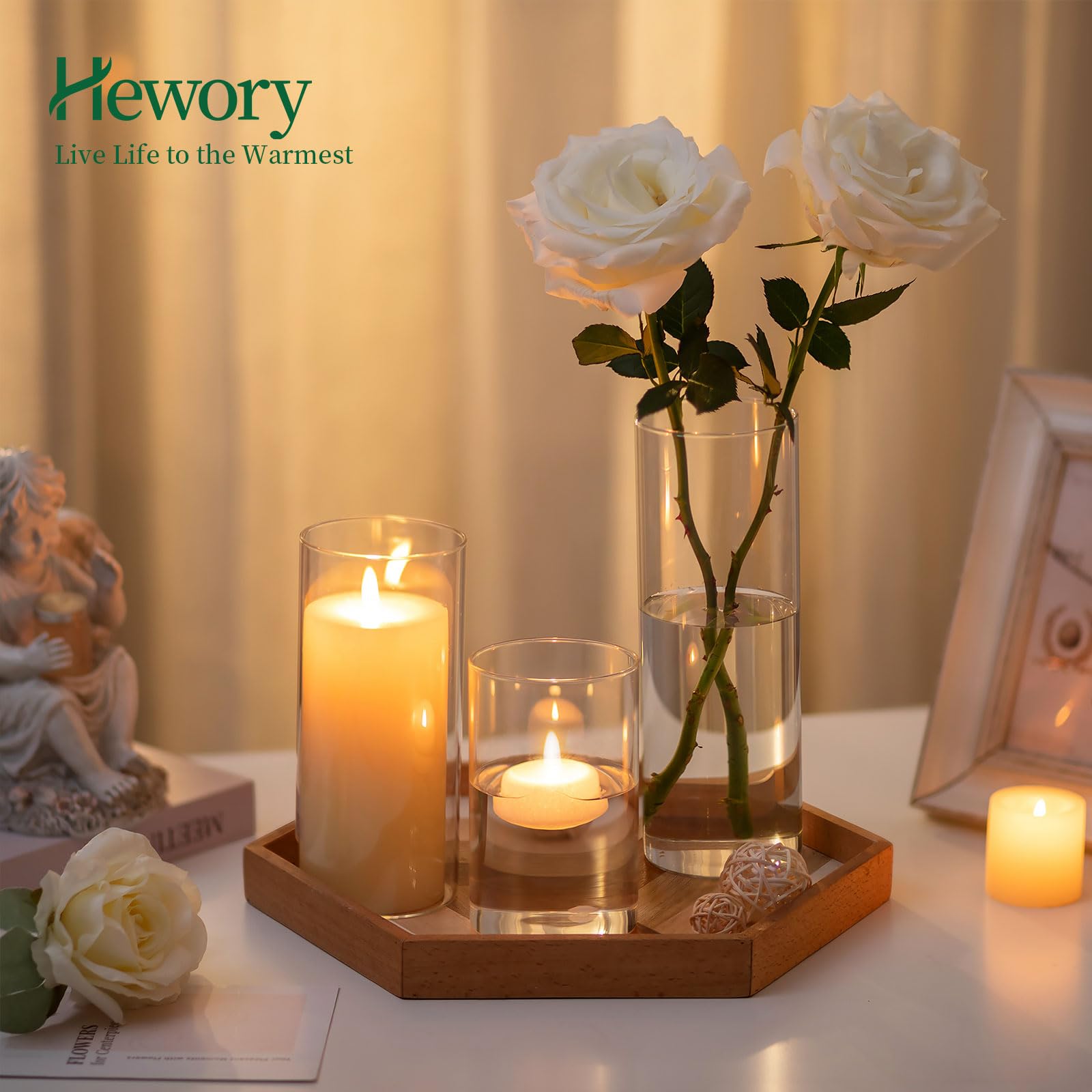 Hewory Jarrones de Cristal Cilíndricos Set de 6, Jarrón Alto de Cristal Transparente para Flores, Portavelas de Huracán para Velas de Pilar Flotantes, Florero para Centro de Mesa, 15/20/25cm | Jarrón de cristal para flotar, vela de té, pilar, centro de me