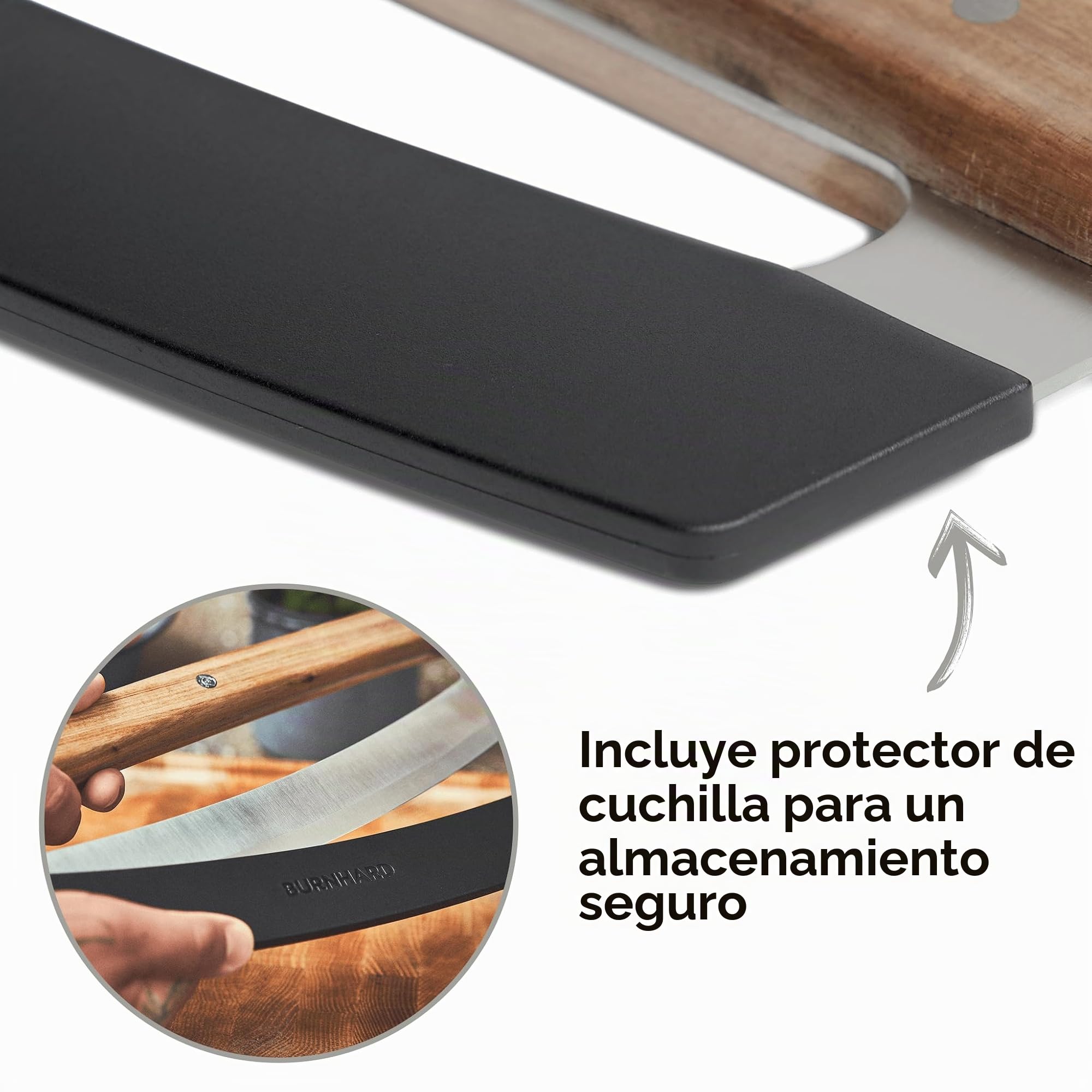 BURNHARD Cortador de Pizza Acero de Cuchilla Afilado, Manejo Cómodo, Hoja de 35,5 cm, Mango de Madera de Acacia, Protector de Cuchilla – Cortador Profesional de Pizza