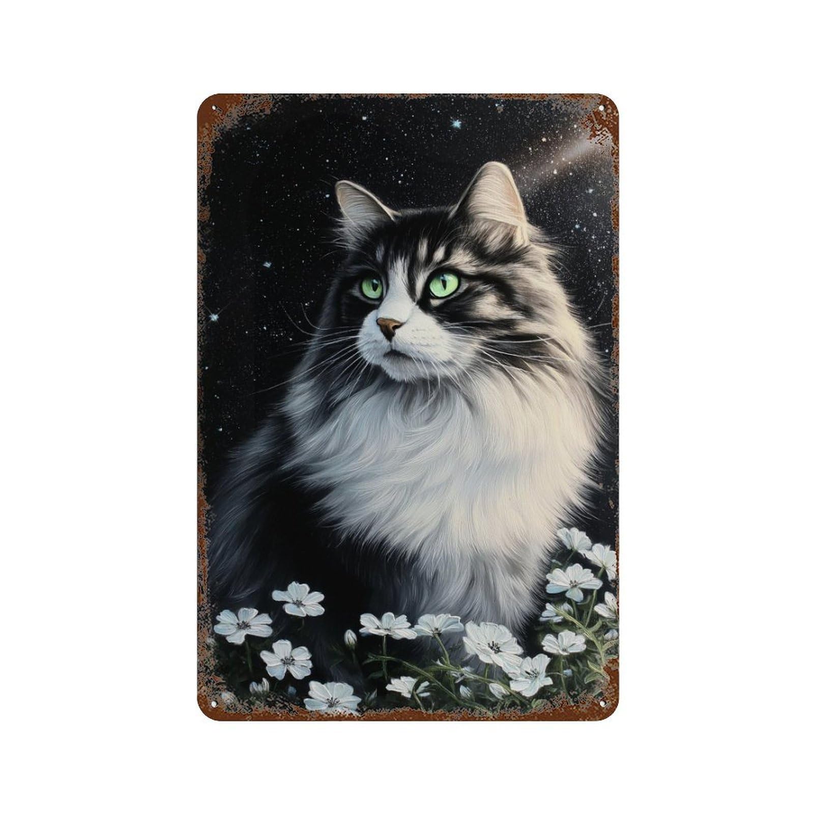 Starry Night Cat with Flowers Rusty Metal Tin Sign 11.8"x7.9", for Pub, Kitchen And Man Cave Decor, Novelty Wall Decor
