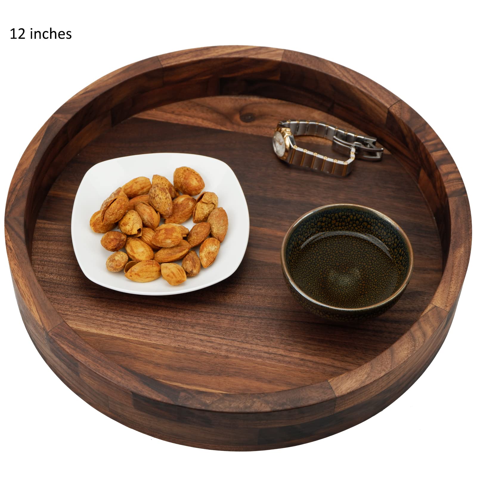 Set mit 2 großen, runden schwarzen Walnussholz-Tabletts mit Griffen, für Tee, Kaffee, klassisches rundes Serviertablett aus Holz, 40,6 und 45,7 cm