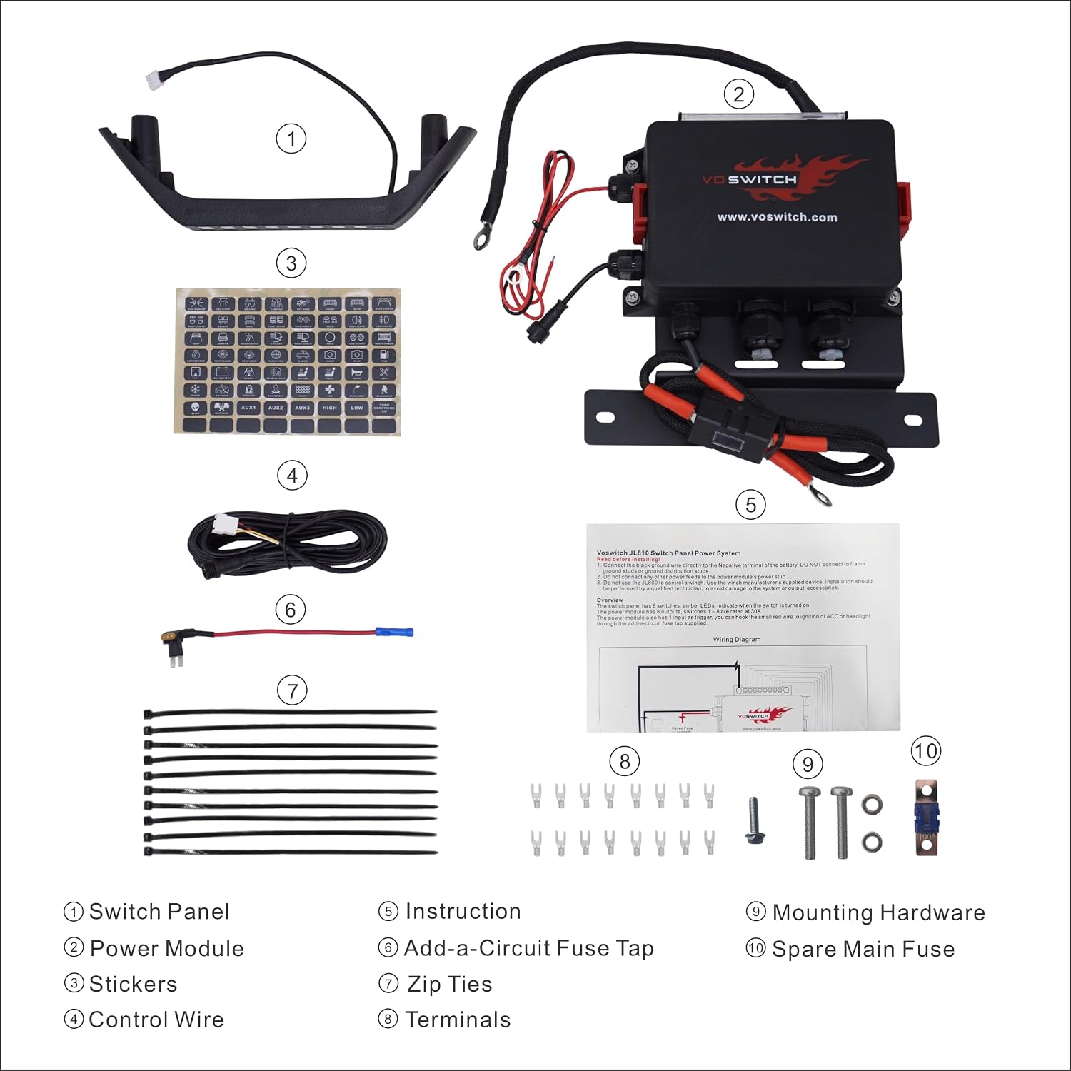 voswitch jl810 grab handle 8-switch panel system for jeep wrangler jl & gladiator 2024+, patented a-pillar mount, 100a power distribution, rgb backlight, master mode & flash strobe 2) rgbw 8 button