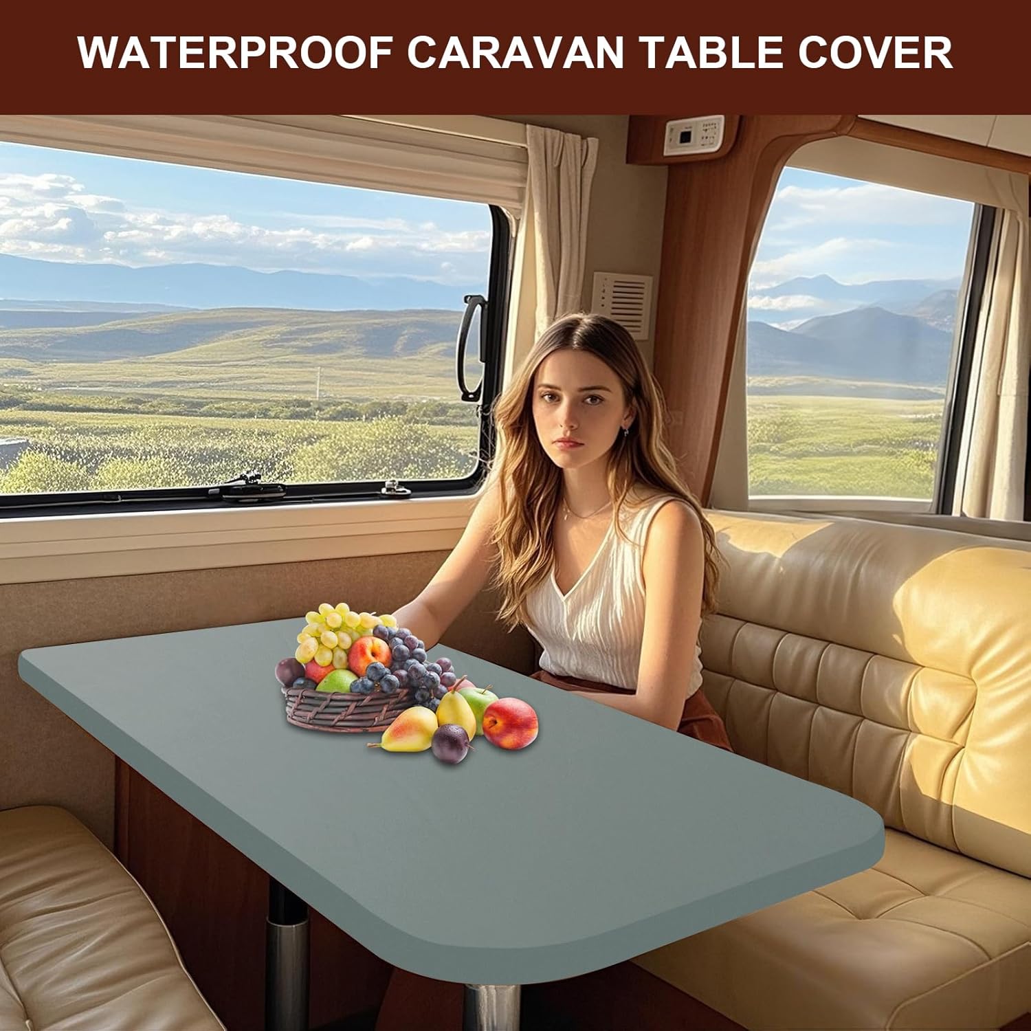 100% Waterproof RV Dinette Table Covers 2 Pieces, PU Leather Stretch Anti-Slip Tablecloth with 4 Straps, for Camper Kitchen Patio (Grey-Blue,60x120 cm/24x47 in)