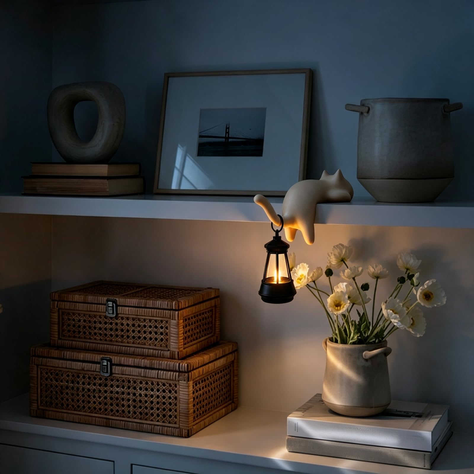 Resin Cat Bookshelf Lantern LED Night Light Warm White Hanging Lamp (C) â image 1