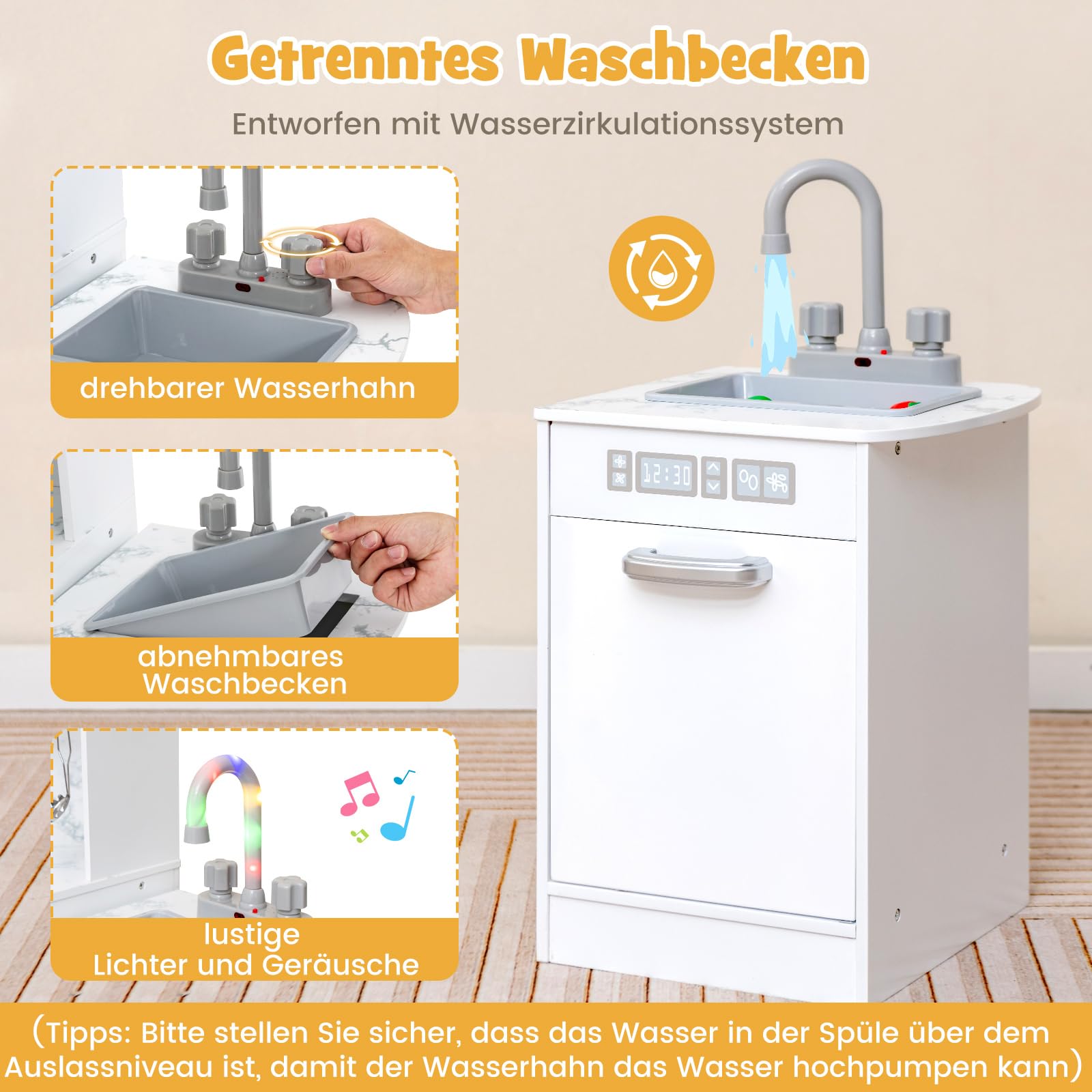 COSTWAY Kinderküche Holz, Spielküche Eck mit Licht und Sound, Holzküche mit Tafel & Spüle & Ofen, inkl. Zubehör, Spielzeugküche für Kinder ab 3 Jahren (Weiß)