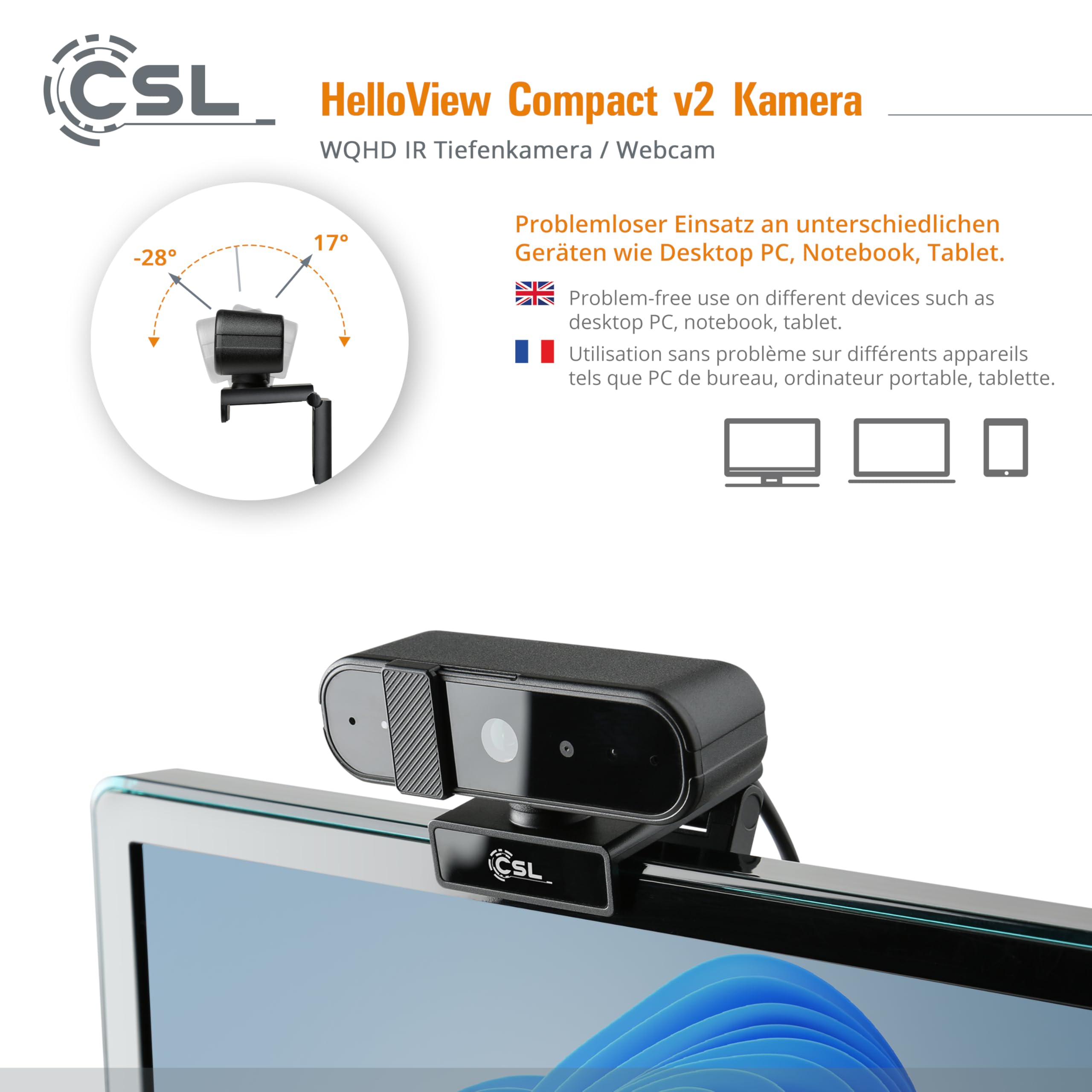 Caméra Windows Hello - Webcam CSL HelloView v2 Compact RVB, caméra de profondeur infrarouge, 2560 x 1440@30Hz, microphone intégré, chat vidéo, WQHD, 1440p, reconnaissance faciale, Windows 11 Hello