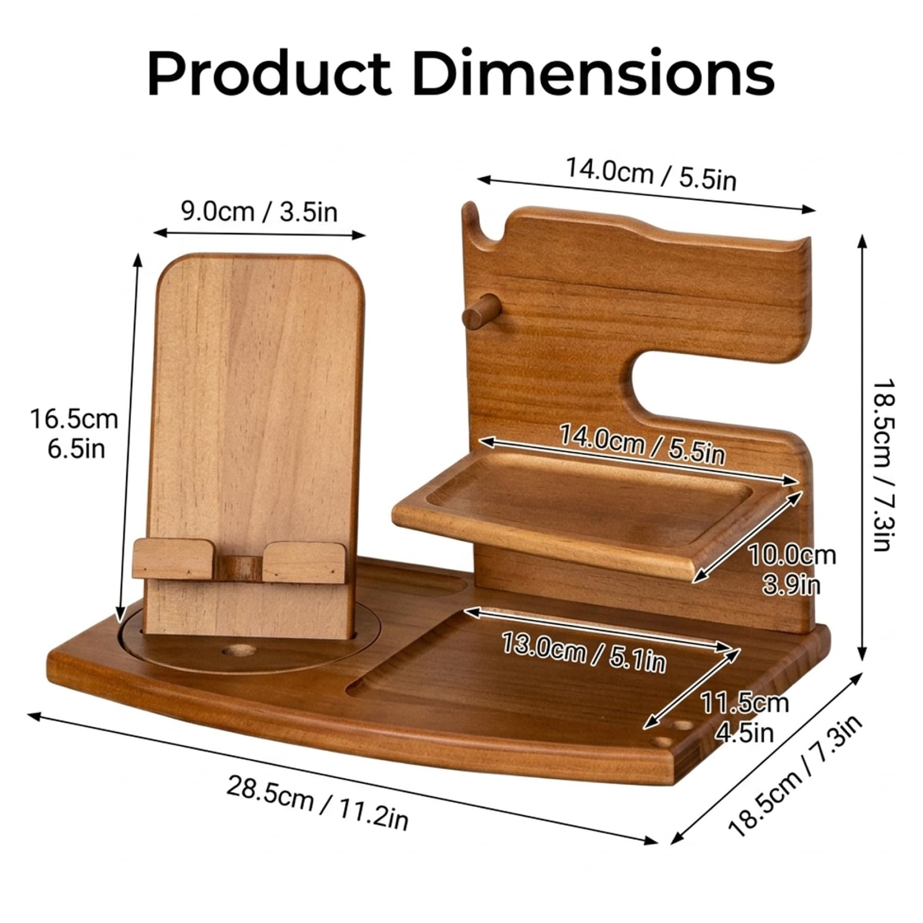 Organiseur de table de chevet en bois pour homme avec support montre – Station d'accueil multifonction pour téléphone, table chevet, plateau rangement pour téléphone, lunettes, bijoux