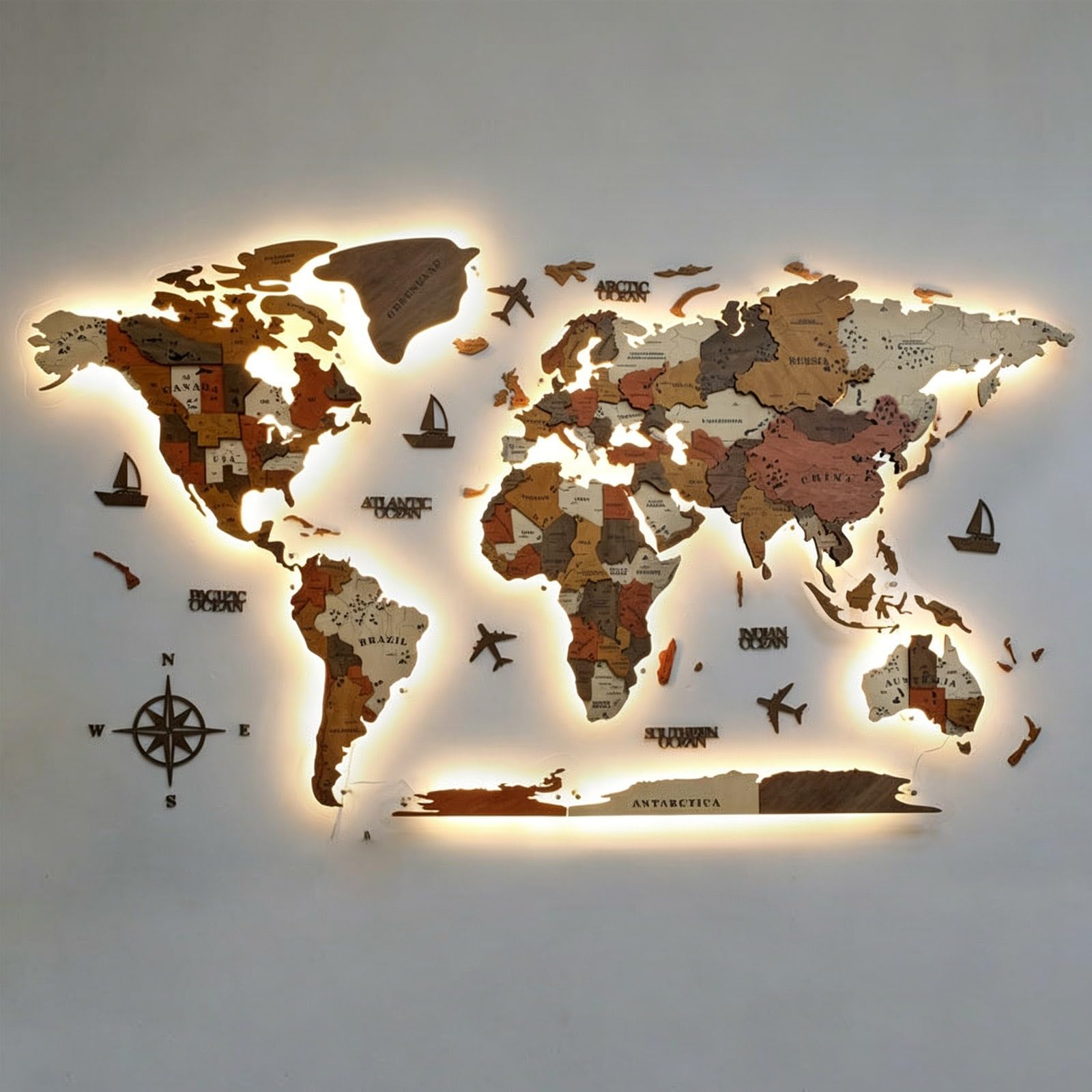 Mappa del mondo in legno con LED 3D, decorazione murale illuminata con retro in acrilico, grande decorazione da parete per casa e ufficio, 300 x 170 cm / 118.1x66.9in