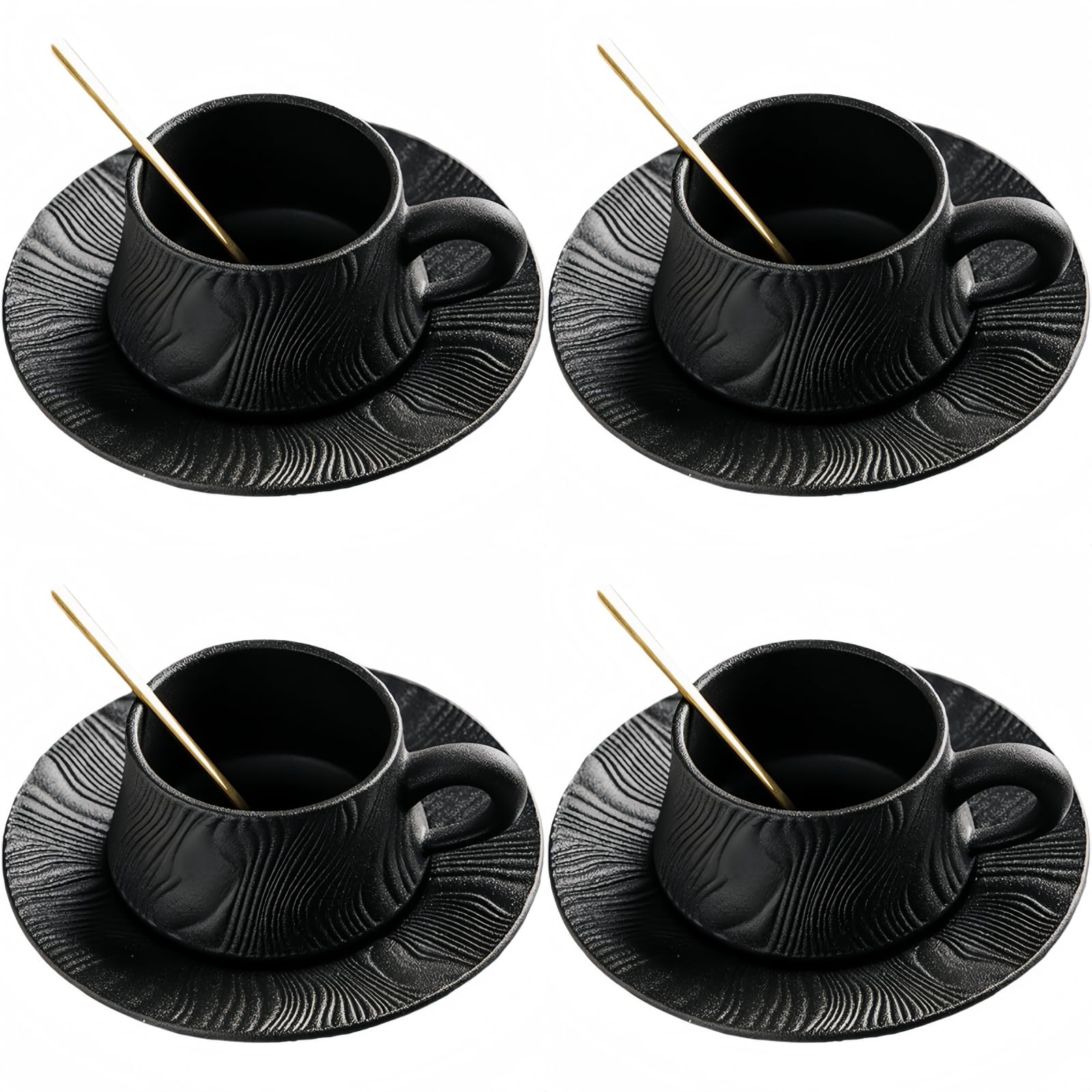 Edles Kaffeeset aus Keramik, matt mit Wasserwellen-Muster, inkl. goldfarbenem Löffel – 250ml Tasse mit Unterteller, für Kaffee & Tee, 2 Farben (Matt Schwarz - 4er Set)