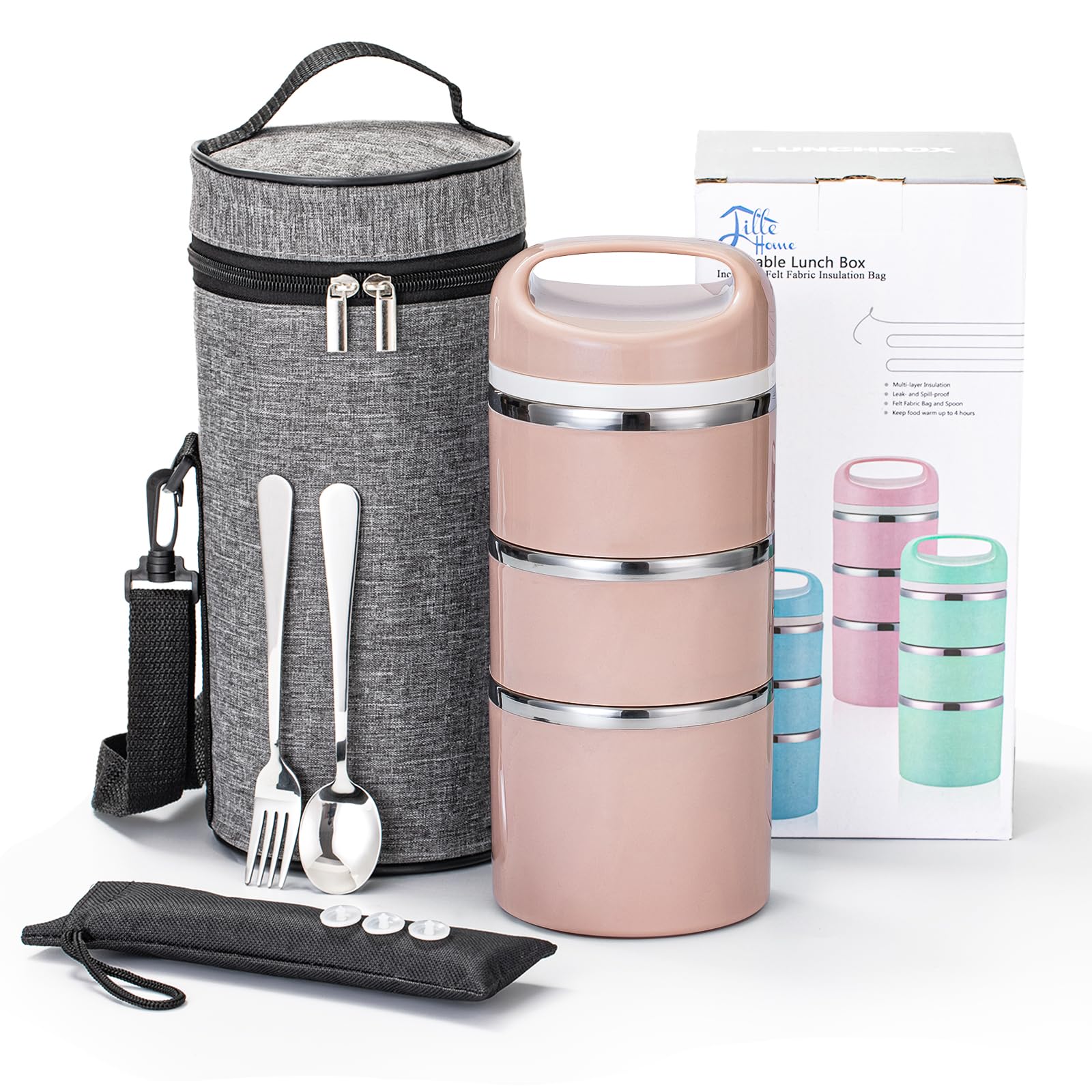 Lille Home Stackable Stainless Steel Thermal Compartment Lunch/Snack Box, 3-Tier Insulated Bento/Food Container with Lunch Bag, Utensils Set and Three Extra Seals, 43OZ (Gold)