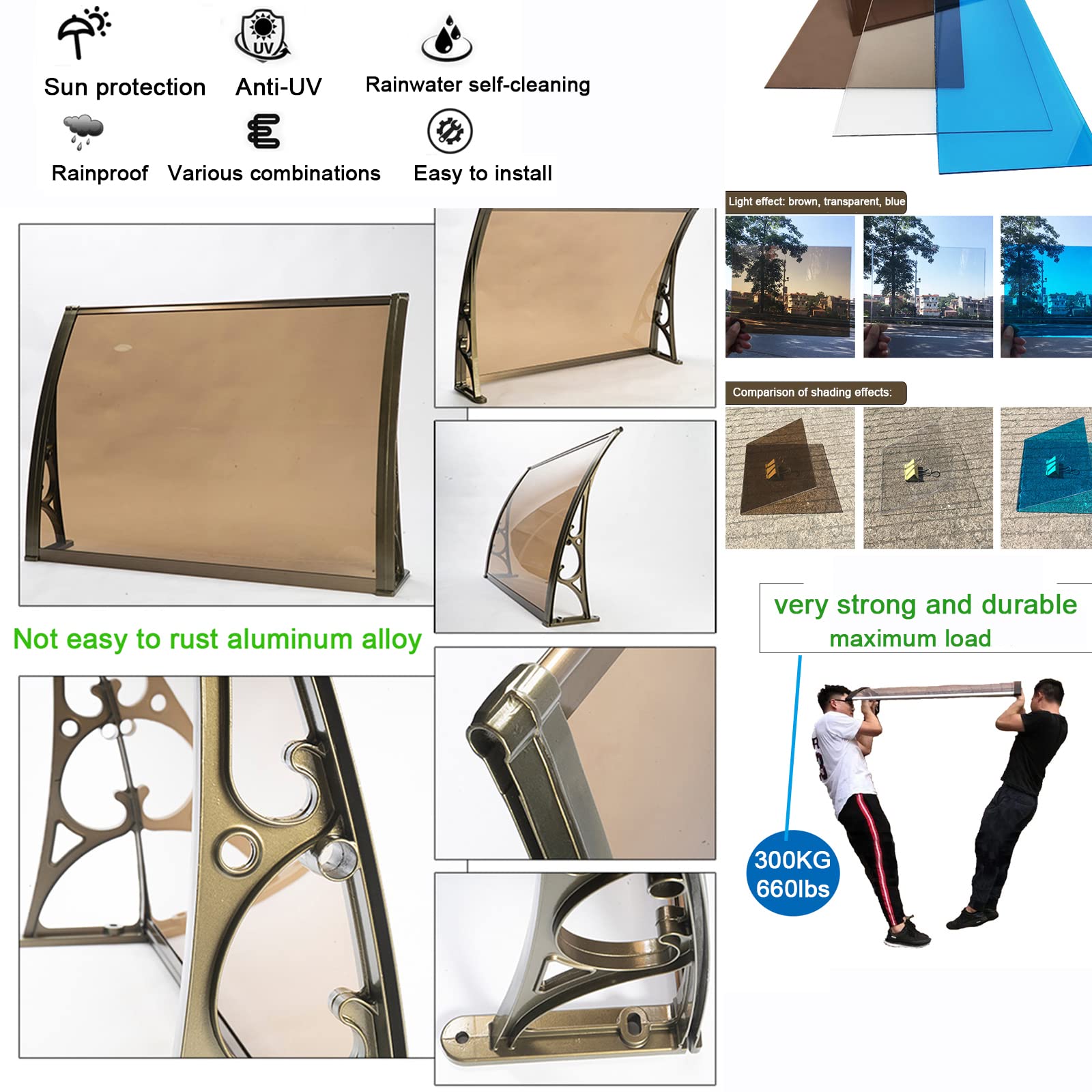 Raam Luifel, Luifel Patio Deur Buiten Polycarbonaat Voordeur Luifel, Raam Luifel Buiten Patio Deur Gutter Regen Cover Polycarbonaat Luifel Luifel,60x60cm/24x24in