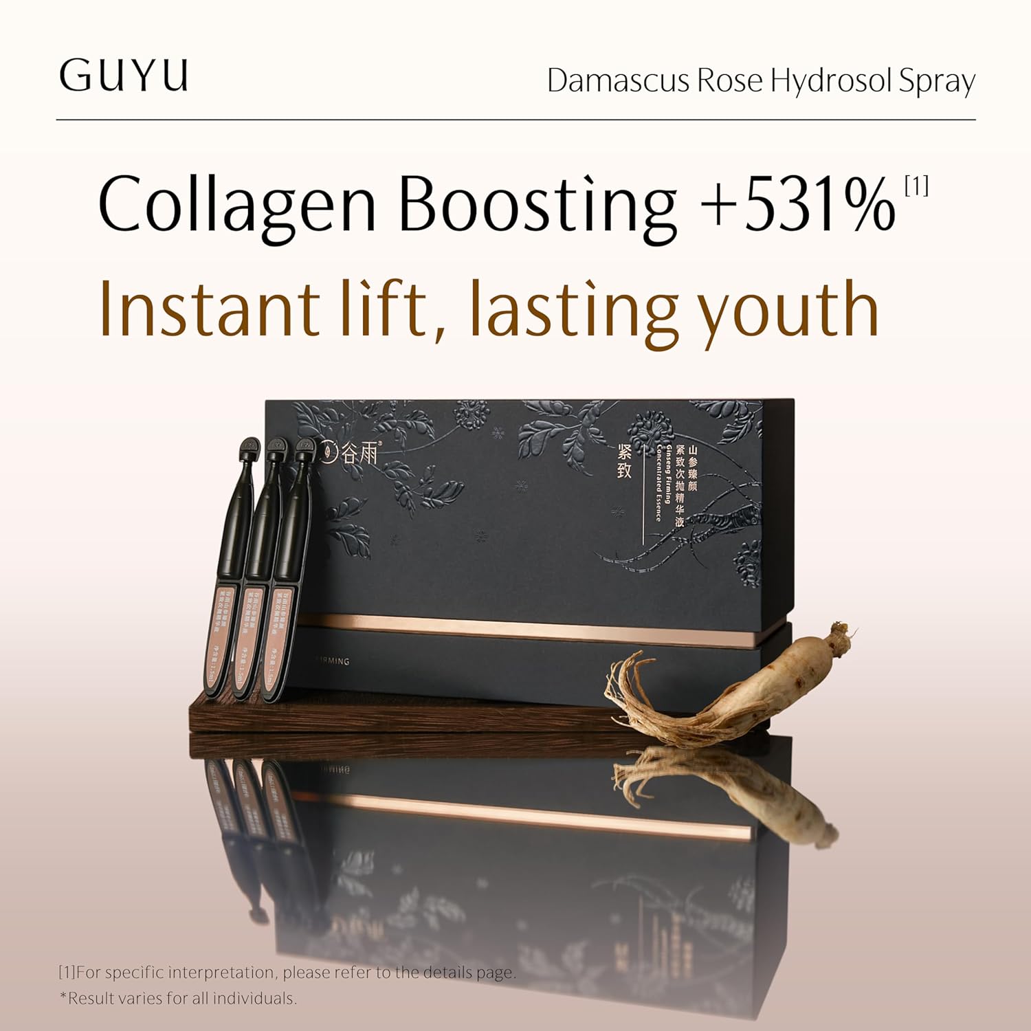 Ginseng Anti-Aging Face Serum | GUYU Single-Use Ampoule | Peptides, Hyaluronic Acid, Panthenol, Ectoin, Beta Glucan | for Lifting, Firming, Smoothing Lines, Plumping (0.05 Fl Oz x 30pcs)