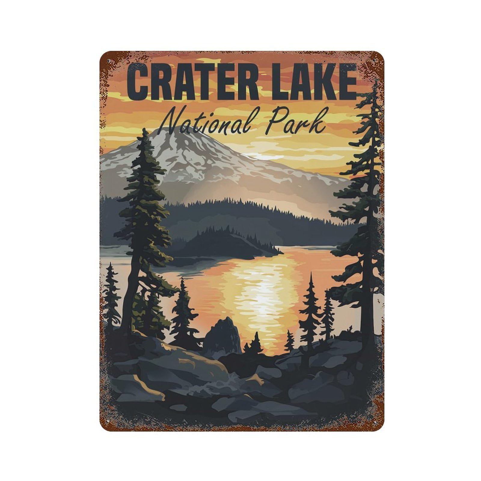Vintage Rust Metal Sign Crater Lake National Park Sunset 15.7"x11.8", Novelty Wall Decor for Garage, Bar And Workshop Decor