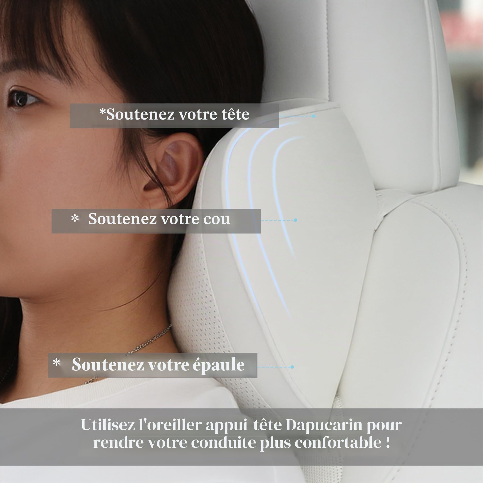 Oreiller Appui-Tête Voiture en Cuir 100% Mousse à Mémoire de Forme, Coussin de Nuque de Soutien de Siège Premium pour la Conduite, Les Voyages, la Maison, Le Bureau, Blanc, 1 Unités
