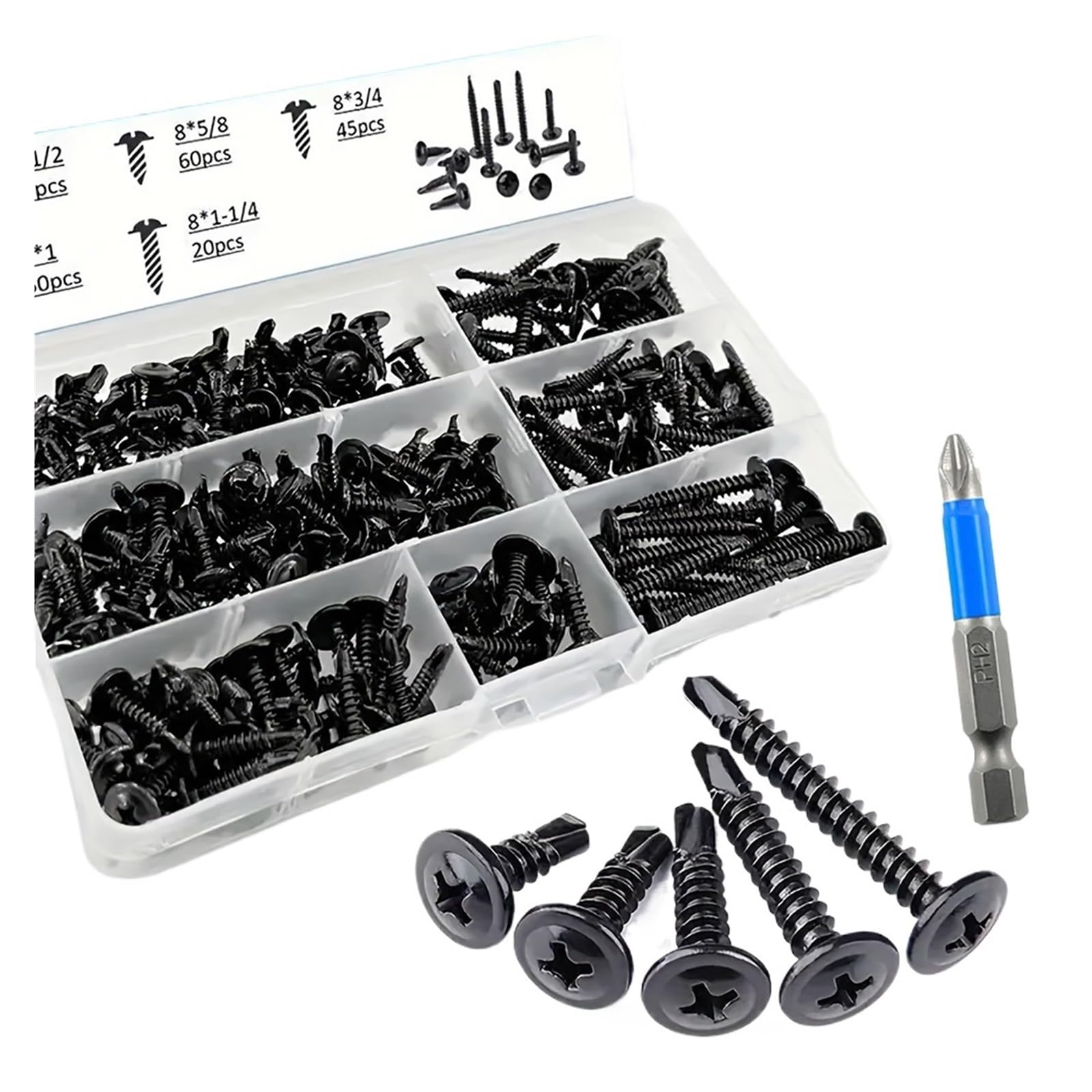 171 Uds. Surtido De Tornillos Autoperforantes De Cabeza Phillips De Acero Inoxidable 410 Con Broca for Metal, Plástico Y Aluminio