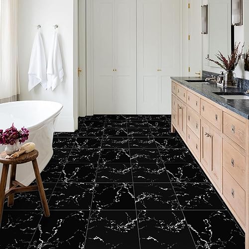 Miniatura 4 de Dureidos Azulejos de suelo para despegar y pegar, aspecto de mármol negro, suelo de vinilo autoadhesivo y duradero, azulejos de suelo para despegar