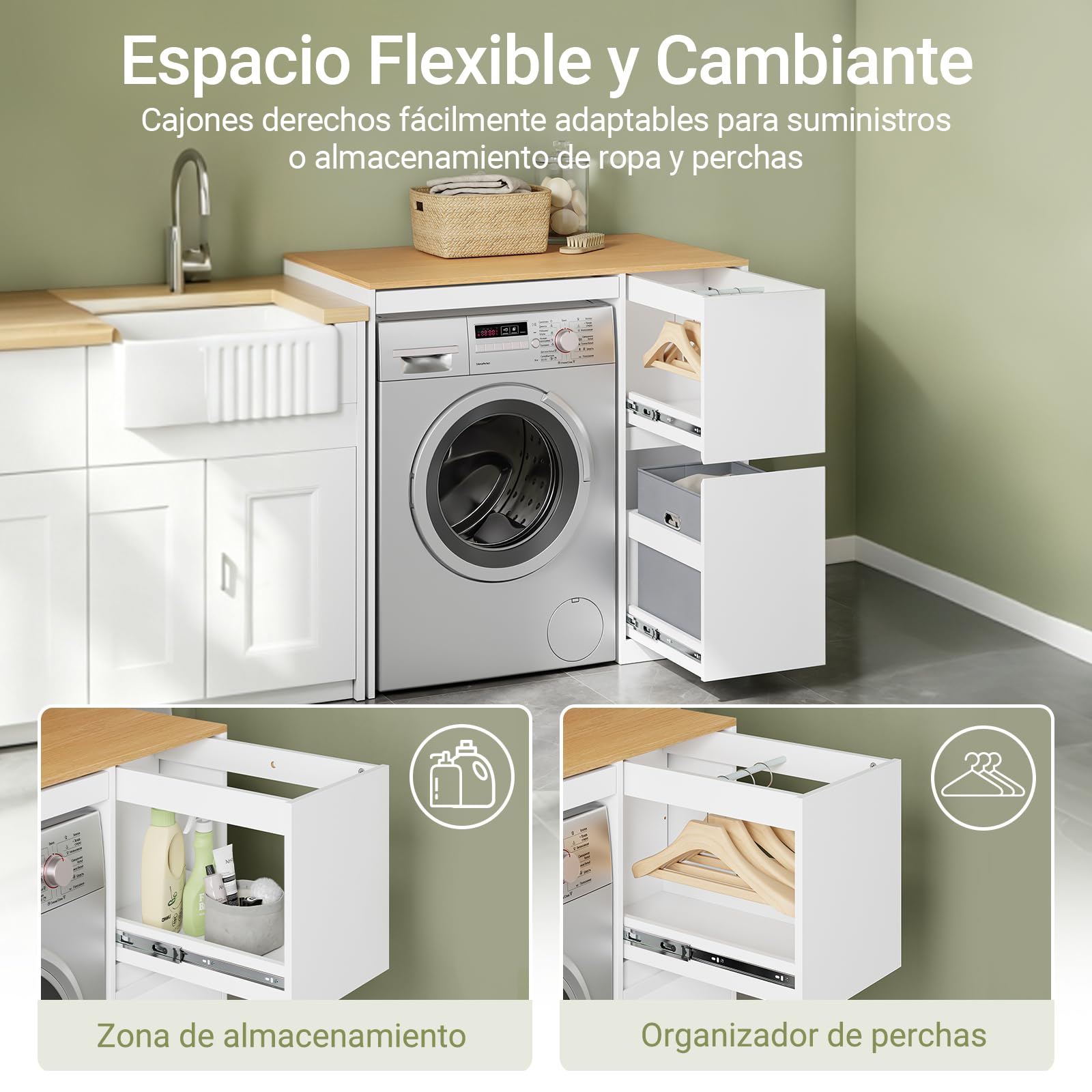 SoBuy Mueble Lavadora con Cesto para Ropa 100x60x95 cm Lavandería y Baño | Mueble sobre Lavadora, Estantería con Tendedero Extraíble, Armario Blanco y Madera BZR223-WN