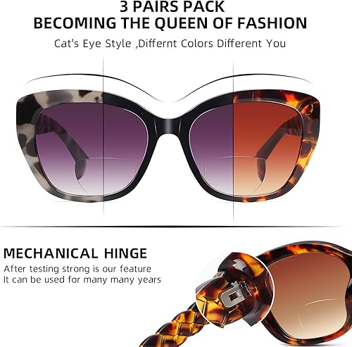 Miniatura 5 de LADEESSE Lentes de sol bifocales para mujer, diseño de ojo de gato, con estilo, paquete de 3 lentes de lectura con aumento UV400 +3.25
