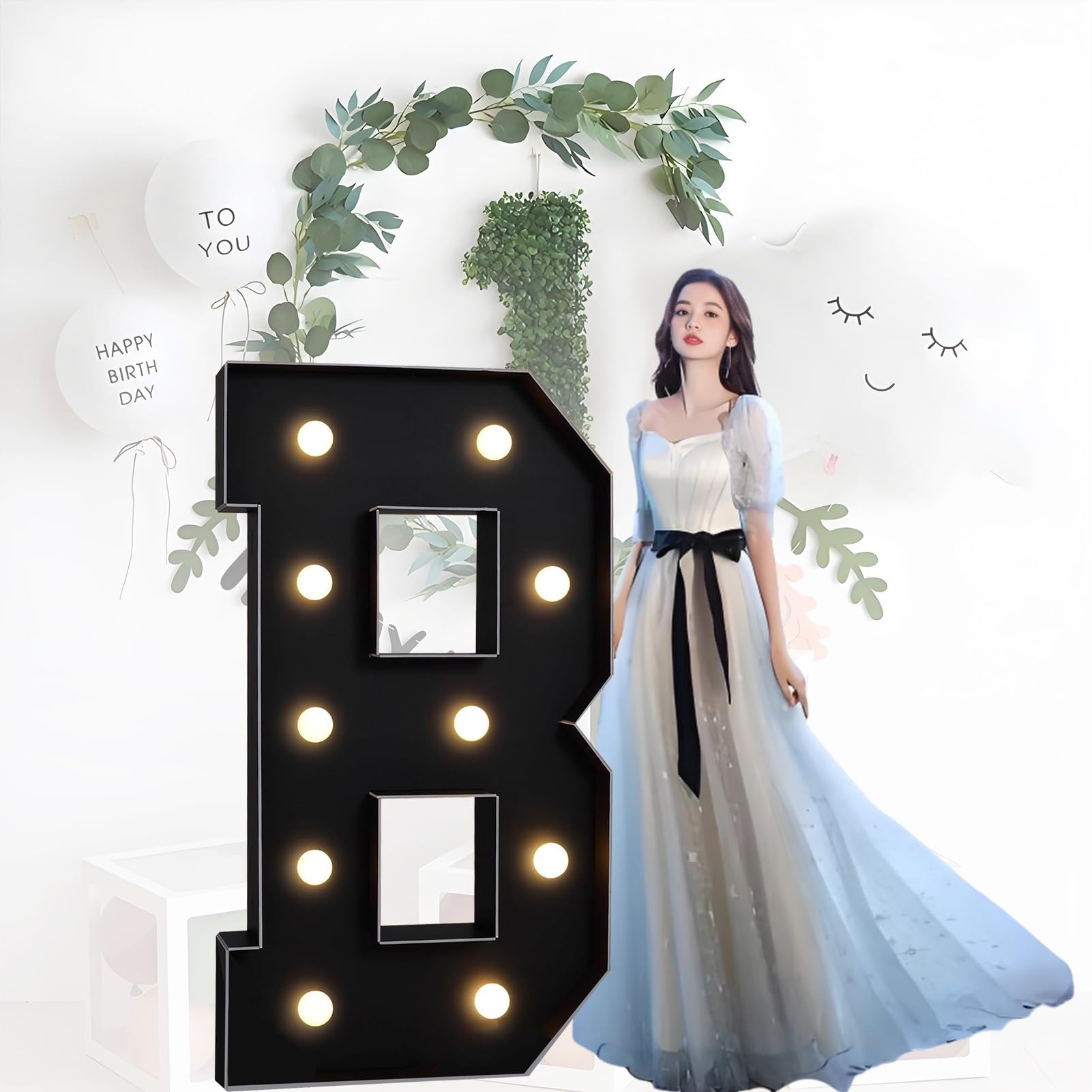 Letra Gigante de Neón Negro, Letra de Mosaico Grande con Bombillas, Adecuada for Fiestas de Cumpleaños con Globos, Celebraciones de Aniversario y Decoraciones de Bodas.(B,100cm)