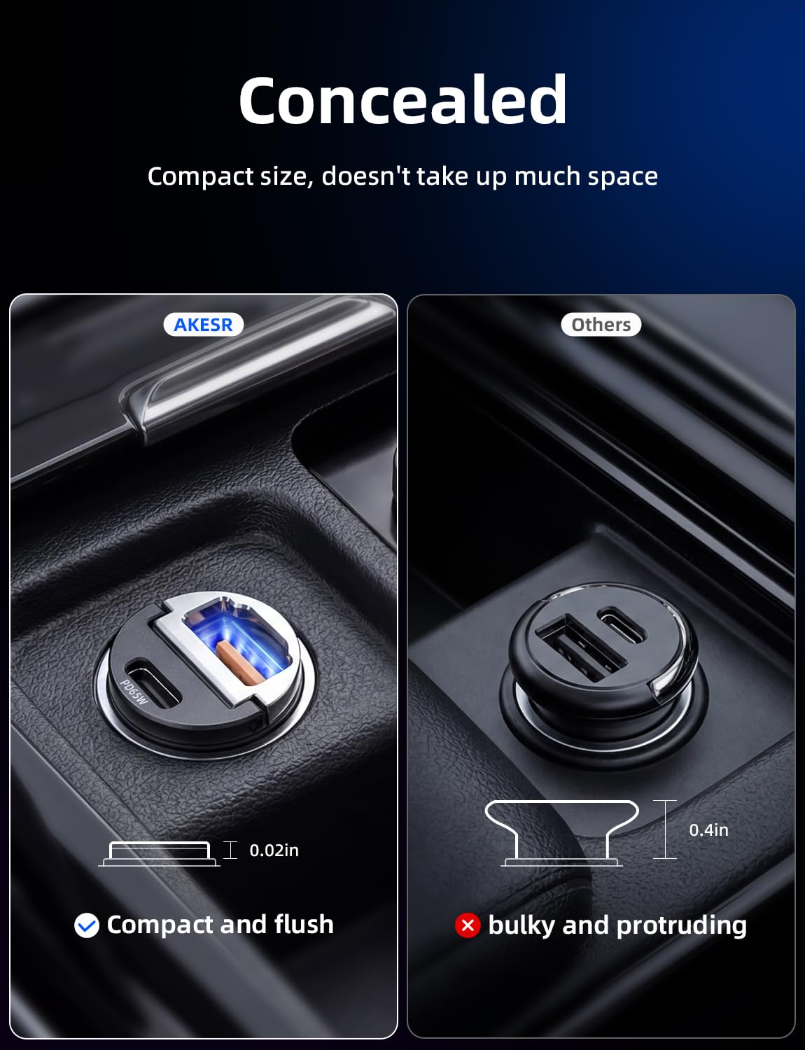 AKESR Cargador de coche de perfil bajo de 65 W, carga rápida USB C de 12 V y 24 V | Para iPhone/17/16/15/14/13 Samsung S25 S24 S23Google Android