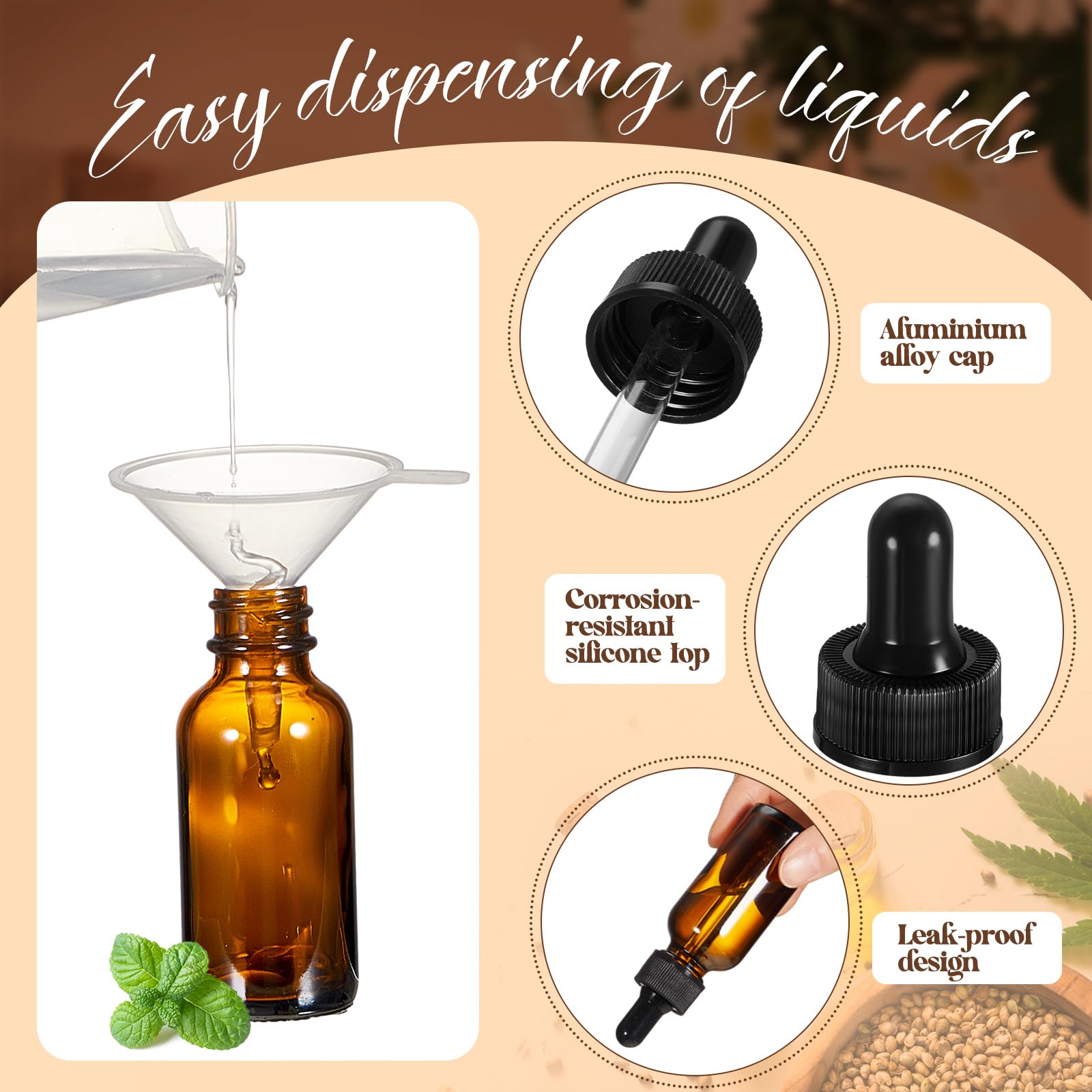 Lallisa Tropfflaschen für ätherisches Öl, 30 ml, Glas-Tropfflaschen mit Augentropfenspender, Tropfflasche mit 5 Trichtern, 5 Pipetten, 3 ml, 100 Etiketten für ätherisches Öl, Parfüm (Bernstein), 100