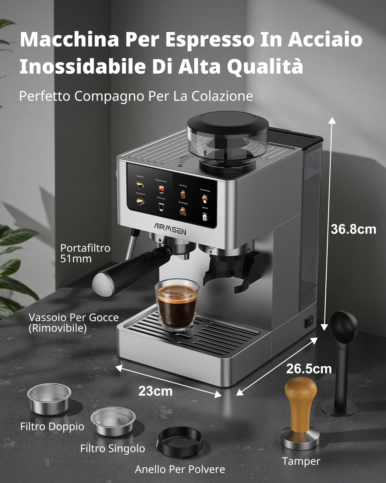 AIRMSEN Macchina per Caffè Espresso con Macinacaffè e Montalatte - Programmable, Compatibile con Caffe Freddo (Cold Brew) e Americano, Macchina da Caffè Domestica per Macinato​/Chicco intero