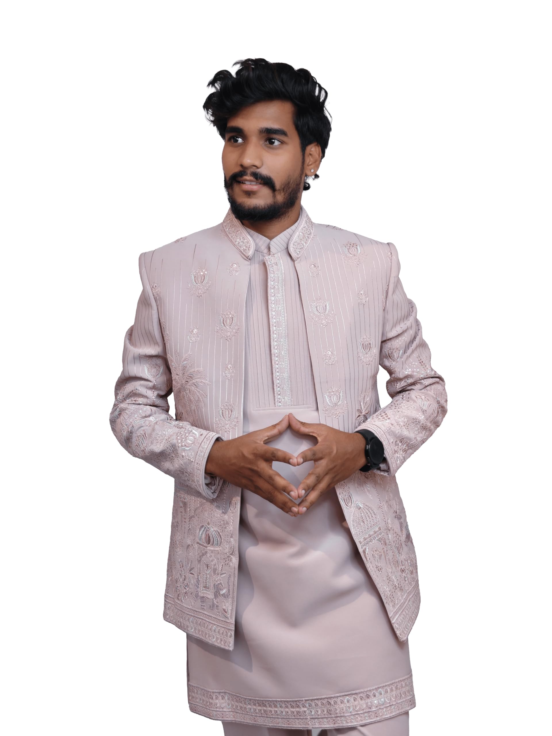 Men's Premium 3-Piece Indo-Western Sherwani Set | Heavily Embroidered Open Jacket, Kurta & Trouser | Royal Wedding & Groom Wear | Sizes 38-44 (Pink, 42)-image-15