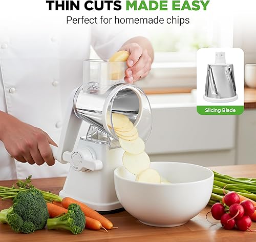 Miniatura 6 de Nutrichef Rallador y triturador de queso 3 en 1 Base de succión fuerte, mango giratorio con bloqueo de seguridad Incluye manivela y 3 cuchillas de