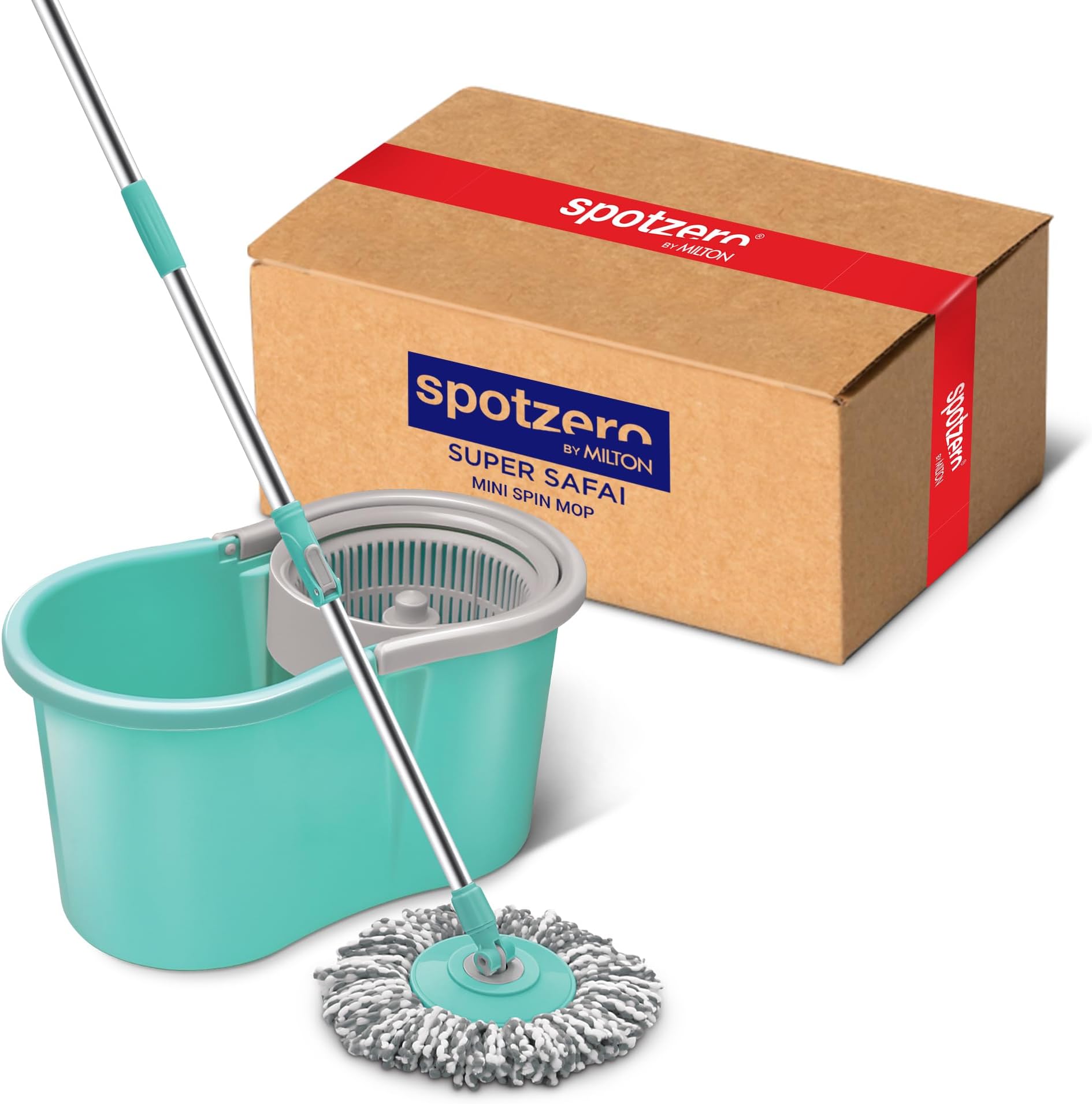 Spotzero by Milton Mini Spin Mop with Puller Handle, Bucket Floor Cleaning and Mopping System 360° Flexible,1 Microfiber Refills, Big Size, Aqua Green