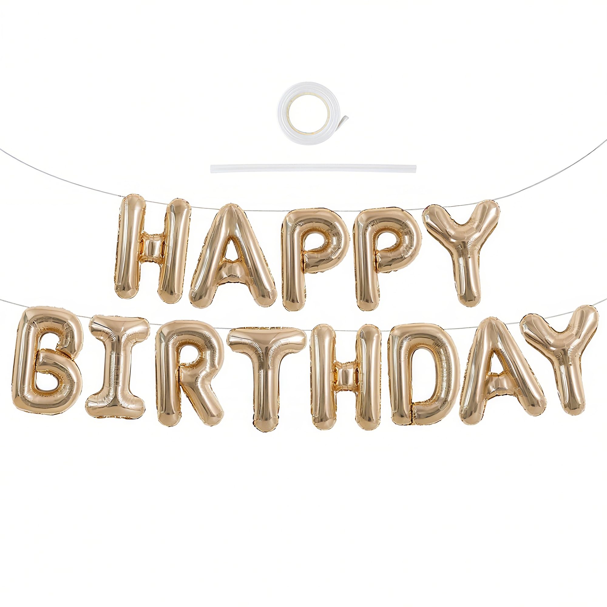 TONIFUL 16 Inch Letter Balloons Happy Birthday Balloons with Ribbon Straw, 16 Inch Mylar Letters Birthday Sign Banner Bunting Reusable for Adults Party Decorations Supplies๏ผChampagne Gold๏ผ โ image 1