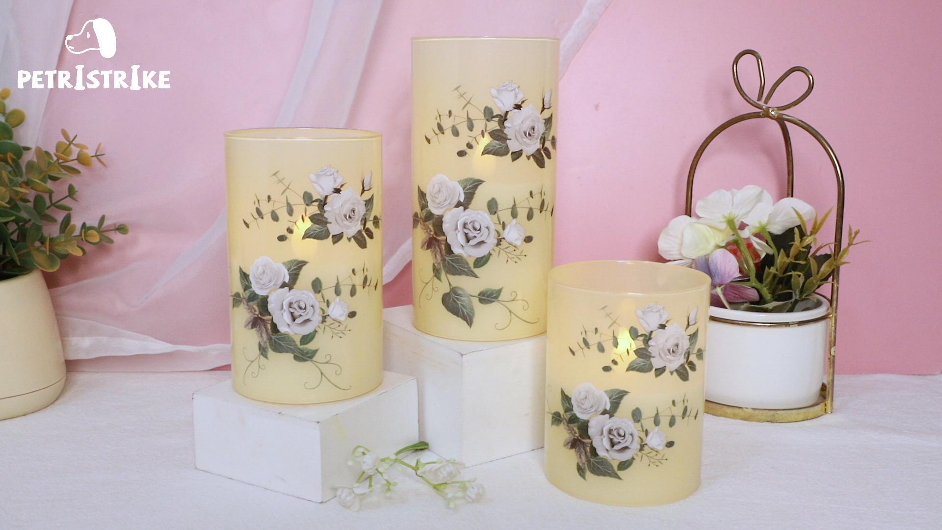 Image of Glass Flameless LED Candles with Timer, Battery Operated Flickering Wax Pillar Candles with Remote, Rose Floral Decoration for Spring Wedding Love Themed Party