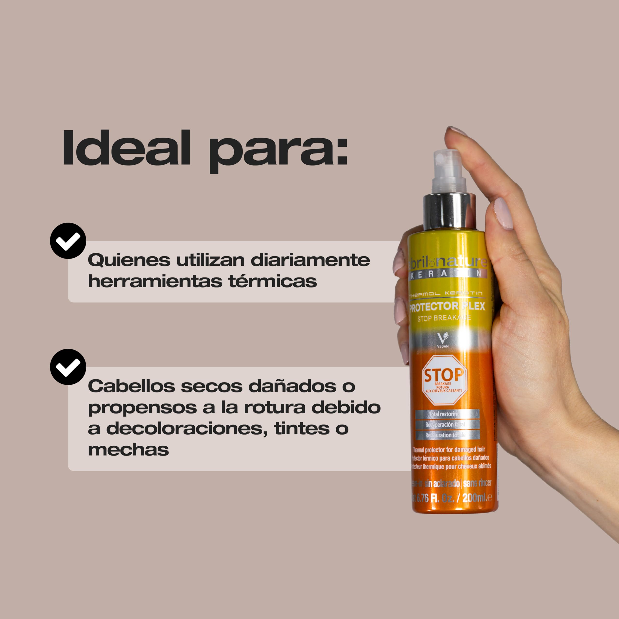 abril et nature - Protector Térmico Plex, STOP Rotura - Ideal para Cabellos Secos y/o Dañados - Protege el cabello del uso de Planchas y Secadores - Con Queratina - 200 ml