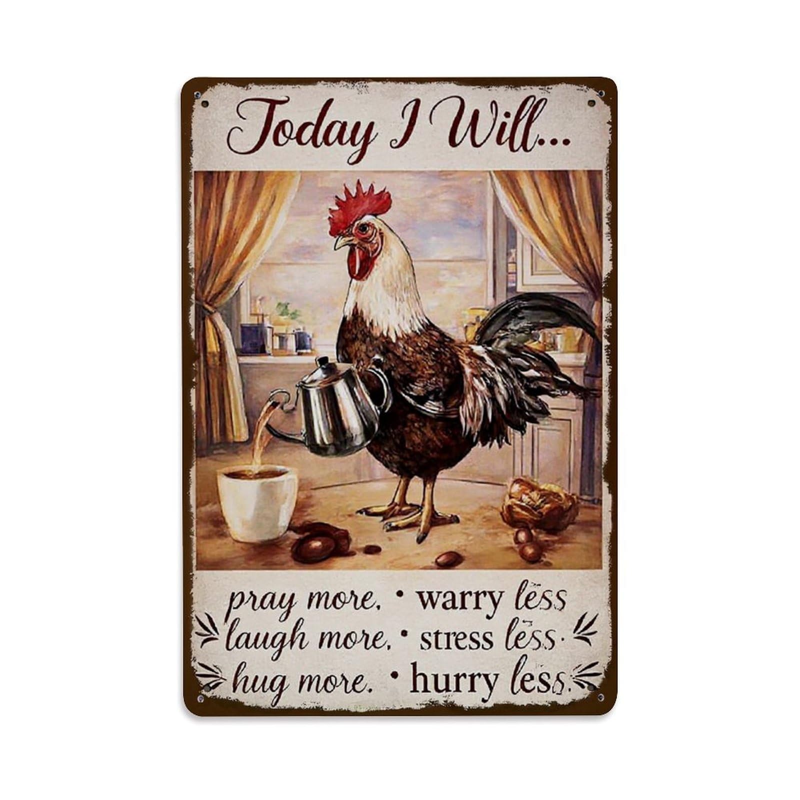 Chicken Pouring Coffee Into Cup Retro Metal Tin Sign, Vintage Decor Art Poster for Bar, Home, Man Cave, Kitchen, Laundry Room Gift 8x12Inch