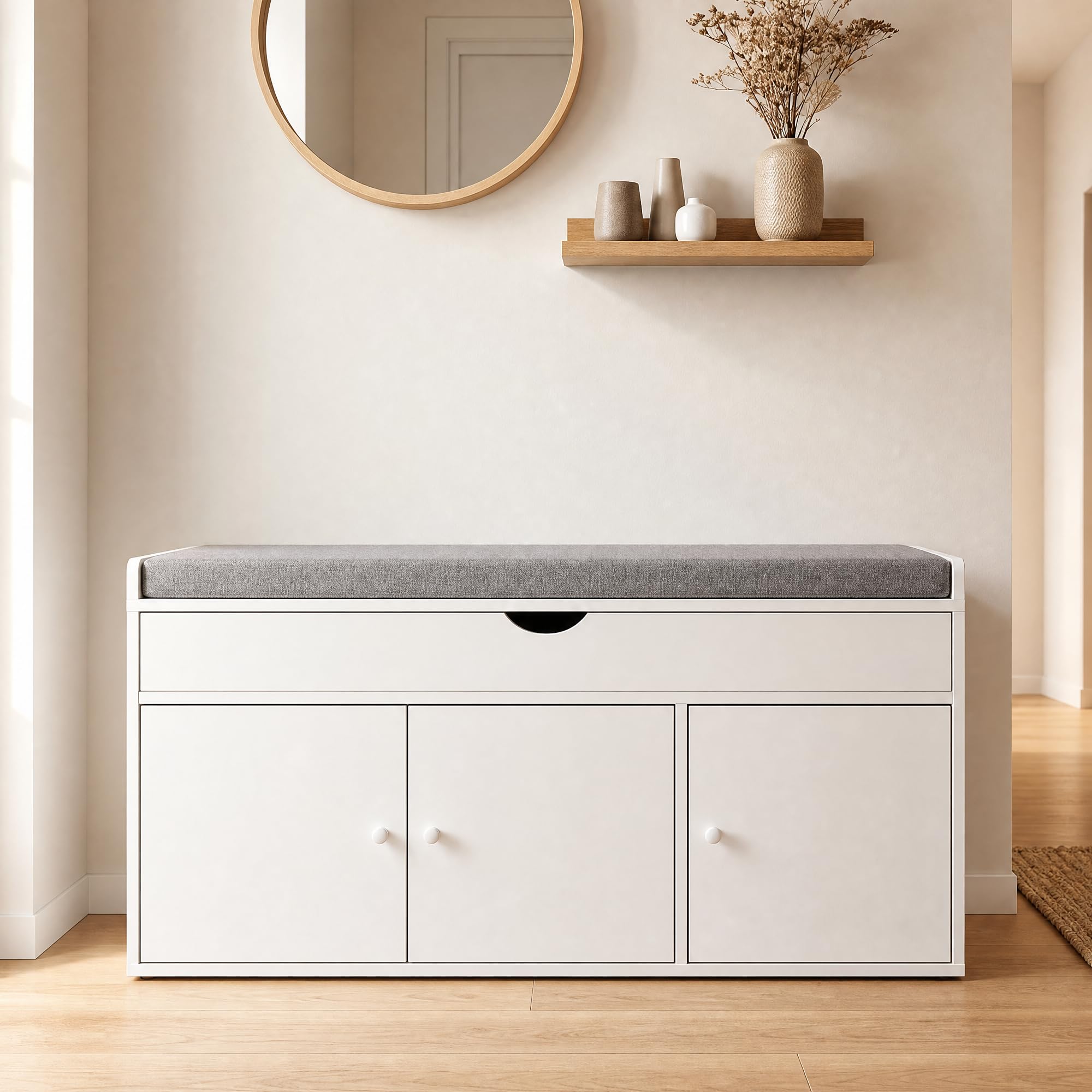 100cm White Shoe Bench with Seat & Hidden Storage - Hallway Entryway Unit