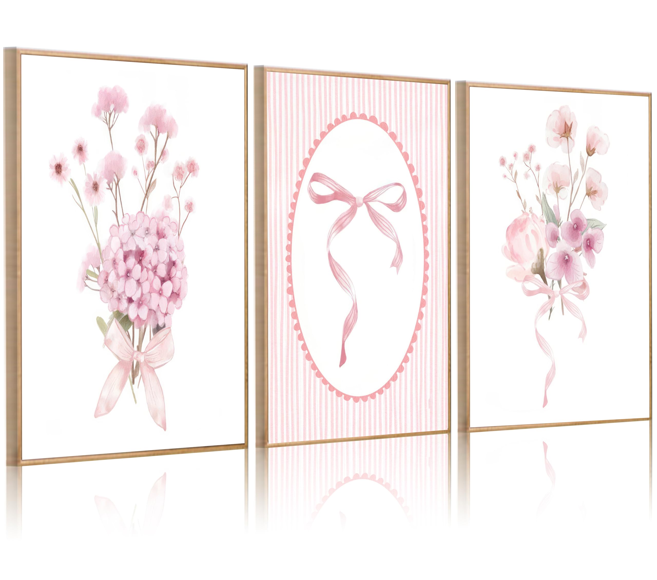 LMYSXAOZ 3Pcs Pink Nursery Flower Wall Art Floral Bow Canvs Coquette Aesthetic Poster Prints Girly Preppy Painting for Girls Bedroom Dorm Apartment Home Unframed 08x12inch