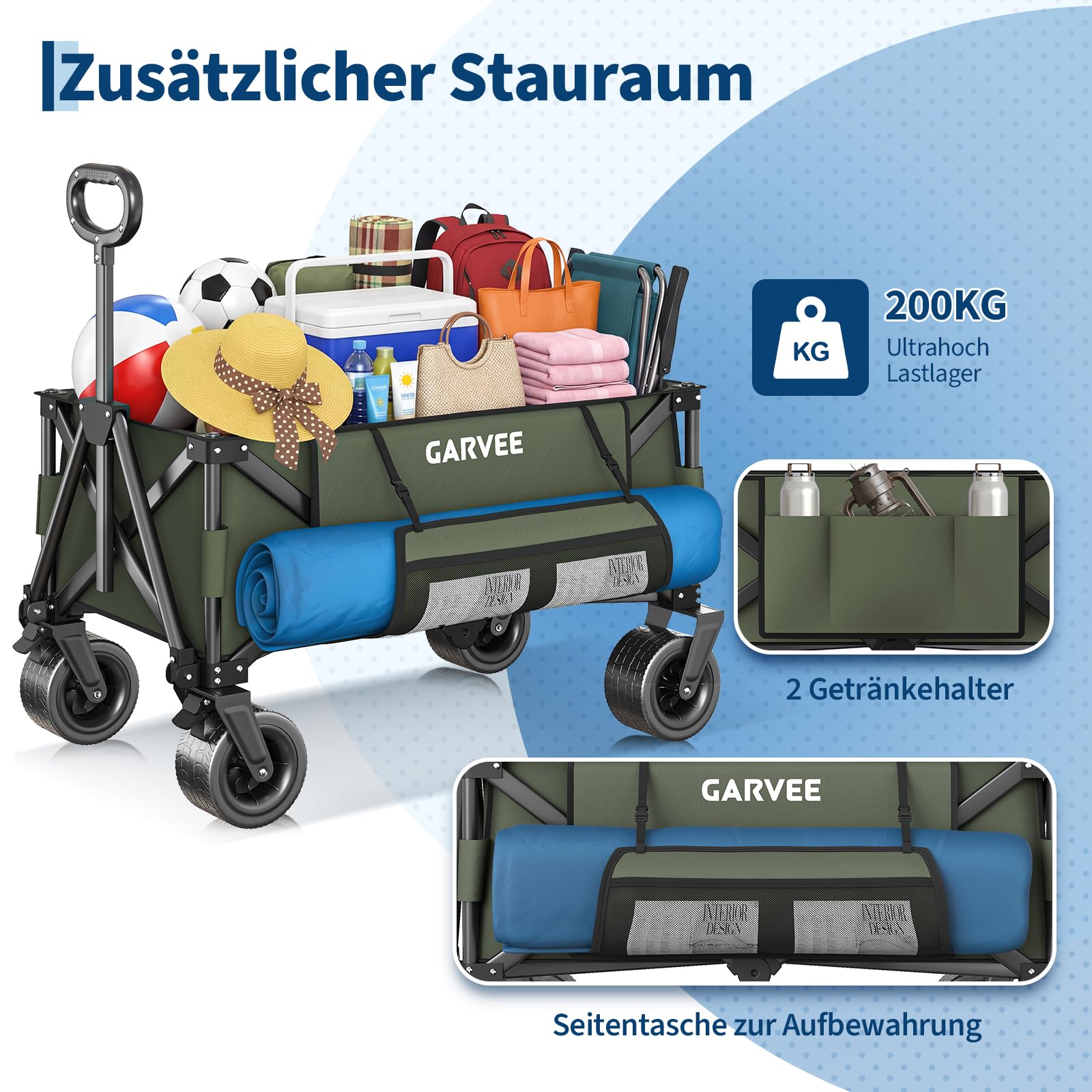Bollerwagen Faltbar Mit 200kg Belastbarkeit & 200L Volumen, Klappbarer Transportwagen Mit Bremsen & 20cm Offroad-Rädern, Handwagen Mit Seitentaschen Für Strand, Camping, Garten, Einkäufe