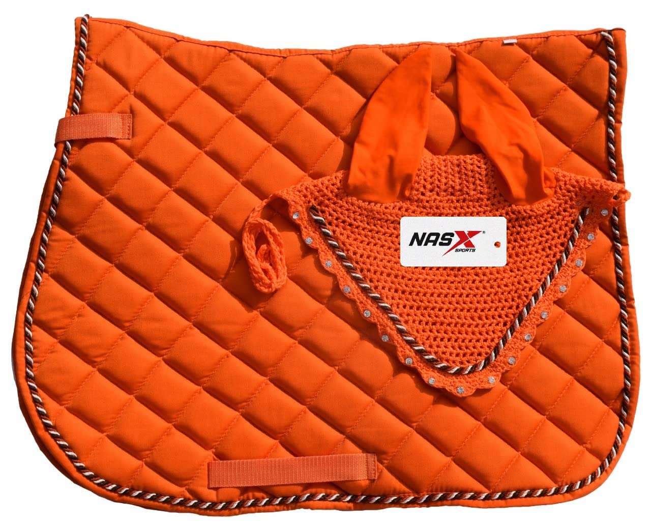 Saddle Pads with Matching Diamante Set Fly Veil Bonnet Ear bonnet Padded Numnah (COB, Orange) — image 1